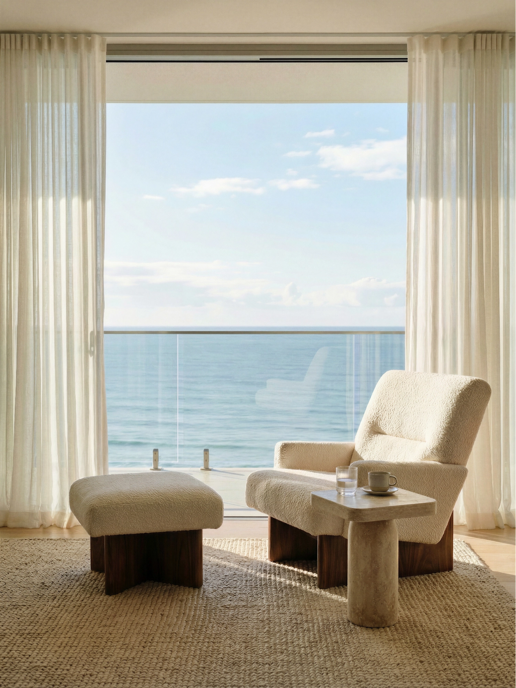 TCL Studios Tau Travertine Side Table, a natural light beige travertine side table featuring a thick square top with gently rounded edges and a robust cylindrical base, showcasing the stone's unique porous texture.