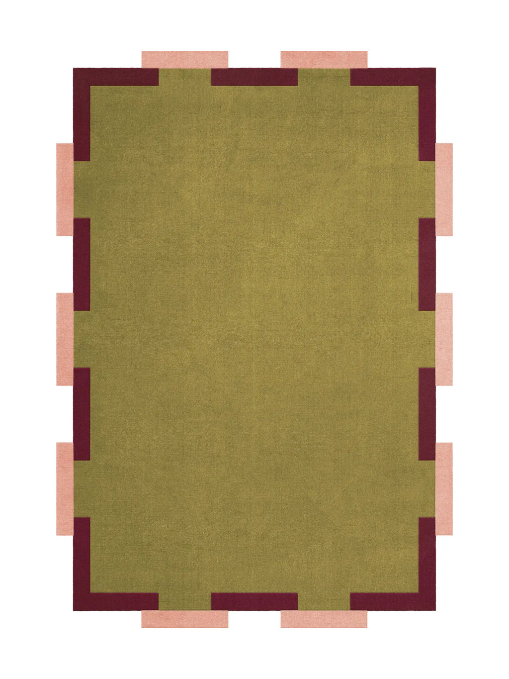 Layered Fregio Wool Rug, a rectangular olive green area rug with a unique geometric border in burgundy and light pink. Perfect for adding a contemporary and luxurious feel to any living space or be...