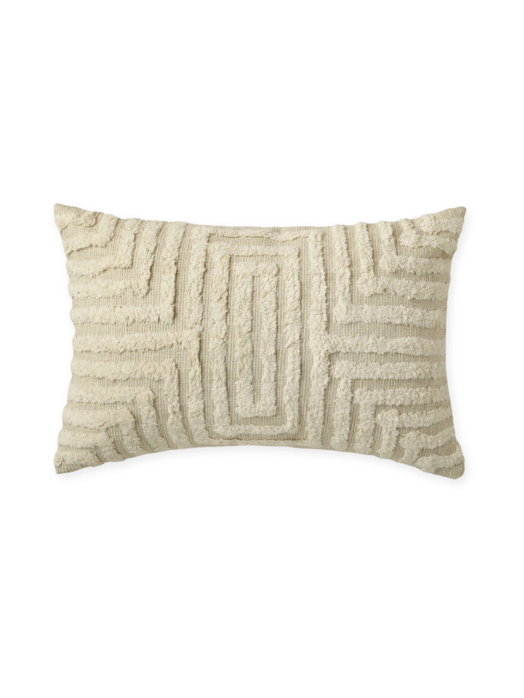 Tinted Objects Telin Throw Pillow, a rectangular cream-colored decorative cushion featuring a textured geometric maze pattern with raised, plush loops. This stylish accent pillow is perfect for adding bohemian warmth and comfort to any couch, bed, or armchair, ideal for home decorators seeking unique textile decor.