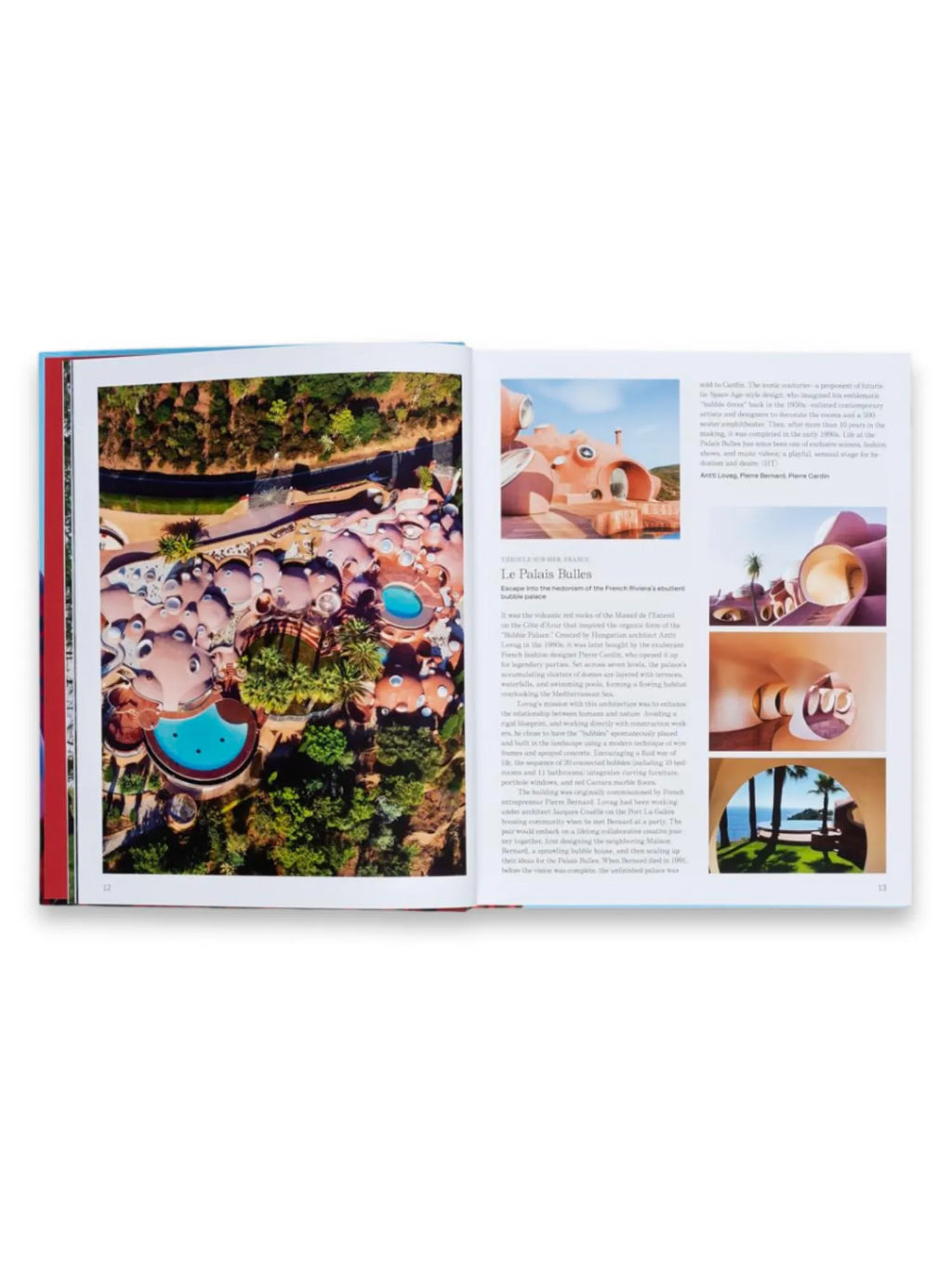 Book The Art Escapes Atlas, an open coffee table book displaying vibrant pages with an aerial photo of Le Palais Bulles, a unique bubble palace with red domes and blue pools, alongside detailed descriptive text and close-up interior shots. This inspiring travel and architecture book is perfect for design enthusiasts and those seeking unique travel destination inspiration.