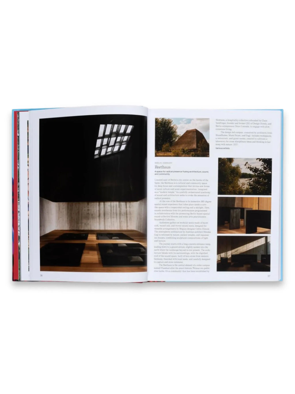 Book The Art Escapes Atlas, featuring an open spread revealing a dark, modern interior architectural photograph on the left page with a grid skylight and text, while the right page displays smaller images of thatched-roof buildings and outdoor scenes with accompanying descriptive text. This premium hardcover coffee table book is ideal for architects, interior designers, and travel enthusiasts seeking inspiration for unique spaces and destinations.