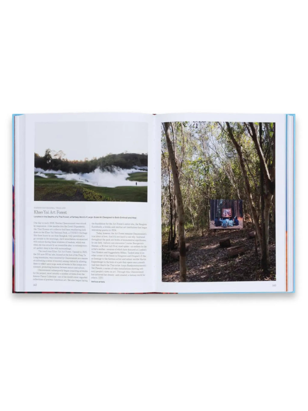 Book The Art Escapes Atlas, an open premium paperback book displaying vibrant, full-color photographs and detailed text about "Khao Yai Art Forest." This stylish travel and art book is perfect for art lovers and cultural explorers seeking inspiration and unique destinations.