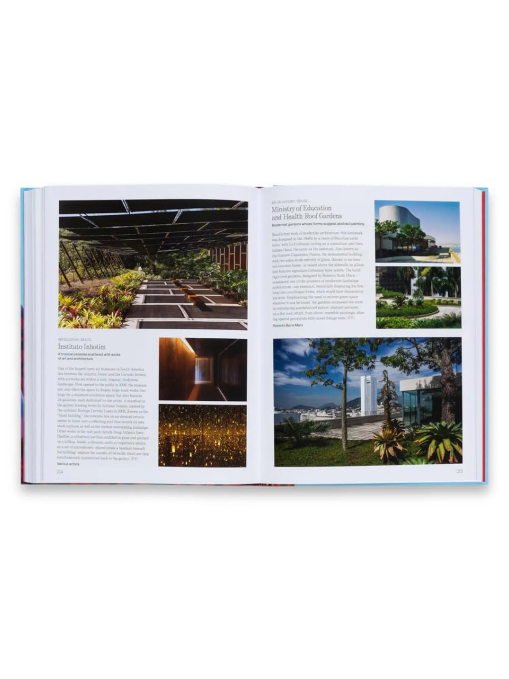 Book The Art Escapes Atlas, featuring vibrant, full-color pages displaying diverse art and architectural landscapes, including a modern Brazilian art museum and detailed roof gardens. This comprehensive art book is ideal for art history enthusiasts, travel planners, and design students seeking inspiration and cultural exploration.
