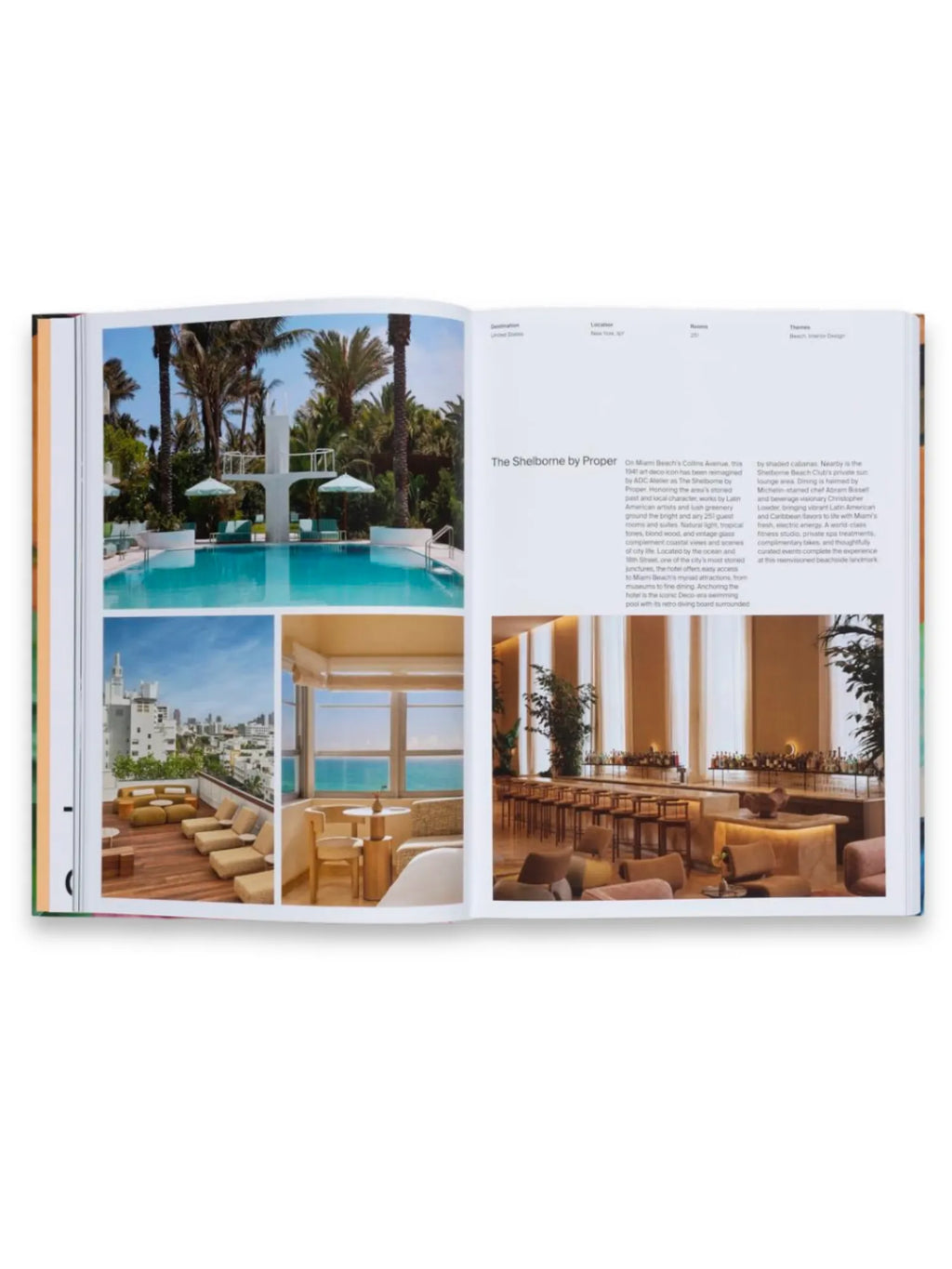 Book The Art Escapes Atlas, an open, premium coffee table book displaying vibrant travel photography and detailed descriptions of "The Shelborne by Proper" hotel. The pages feature a turquoise pool with palm trees, a rooftop lounge overlooking a city skyline, an ocean-view room, and a stylish bar area, offering inspiration for luxury travel and design. This beautiful book is ideal for travel enthusiasts and design aficionados seeking unique escape destinations.