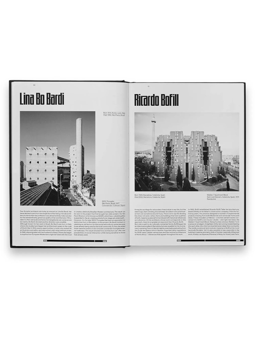 Book The Brutalist, an open hardcover architecture book displaying black text on white pages with two full-page, black and white photographs of iconic Brutalist buildings. This premium book is an essential resource for architecture students, design enthusiasts, and anyone interested in modern architectural history.
