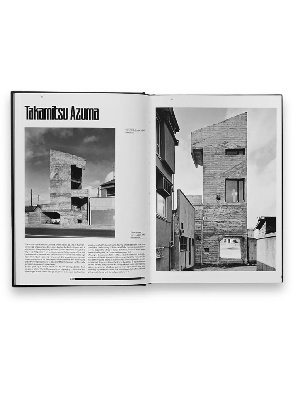 Book The Brutalist, an open architectural history book showcasing black and white photographs of Takamitsu Azuma's brutalist concrete buildings. This detailed architecture book is perfect for students, architects, and design enthusiasts interested in the Brutalism movement.
