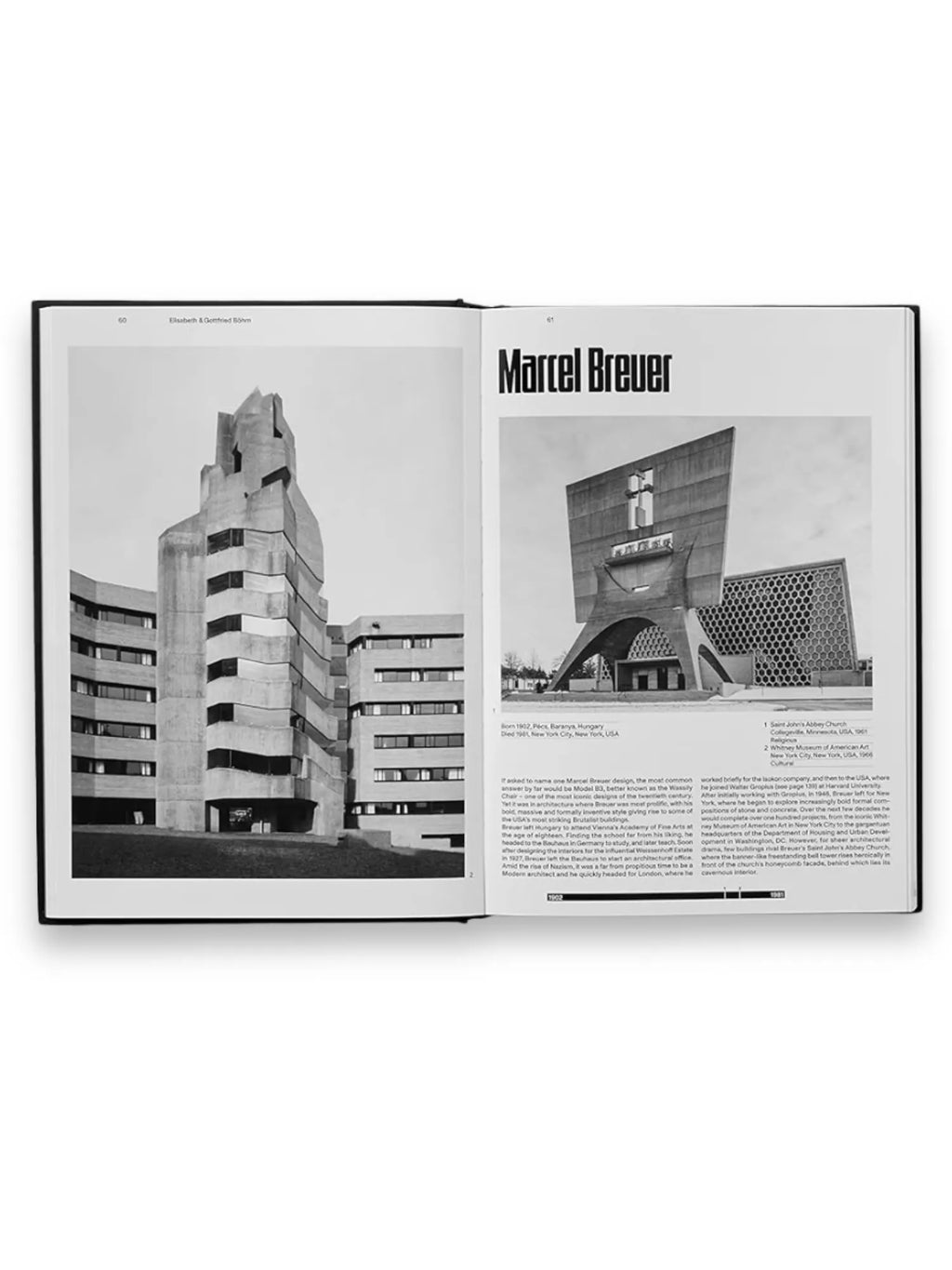 Book The Brutalist, an open hardcover architecture book displaying black and white photographs of iconic Brutalist buildings, including "Marcel Breuer" designs. This informative architecture book is perfect for students, architects, and design enthusiasts interested in Brutalist design history.