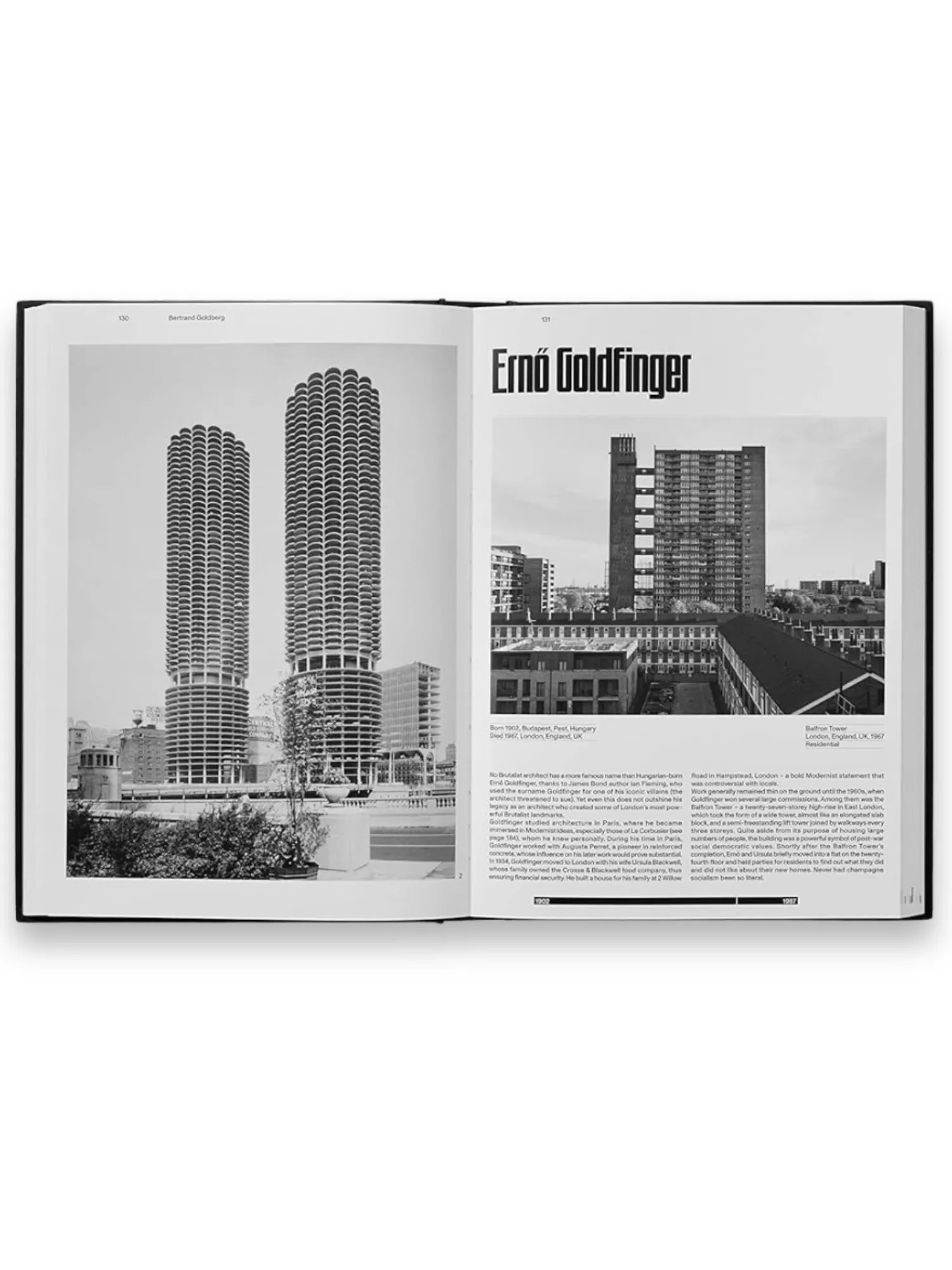 Book The Brutalist, an open architecture history book featuring large black and white photographs of iconic Brutalist buildings like the Marina City Towers and Balfron Tower, with detailed text on architects like Ernő Goldfinger. This essential architecture book is perfect for students, professionals, and enthusiasts of modern architectural history.