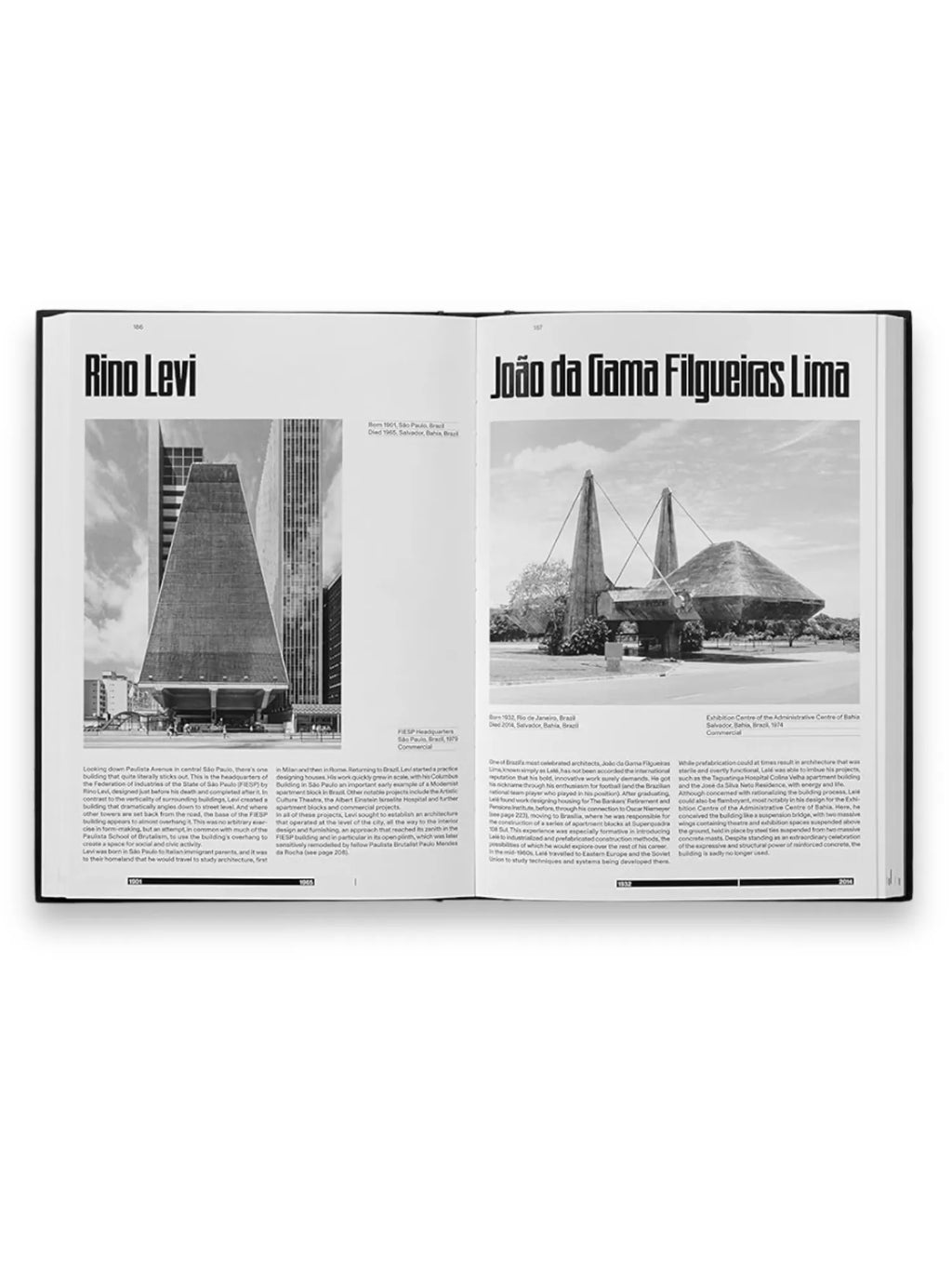 Book The Brutalist, open academic book with a black spine showcasing two pages of text and black and white architectural photographs. This educational book is perfect for architecture students, historians, and design enthusiasts.