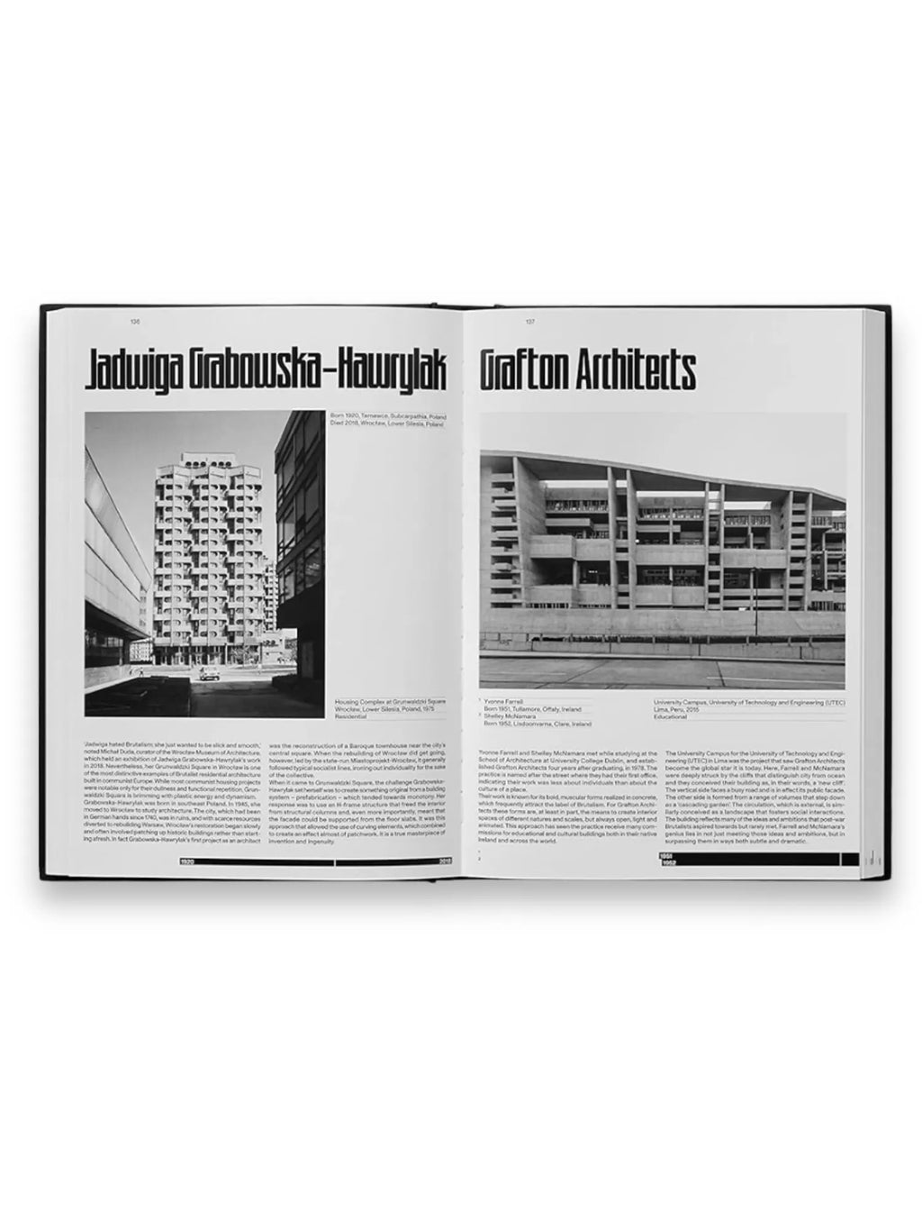 Book The Brutalist, an open hardcover book showcasing striking black and white photography of Brutalist architecture and bold black typography. This comprehensive architecture book is a collector's item for enthusiasts of modern design and architectural history.