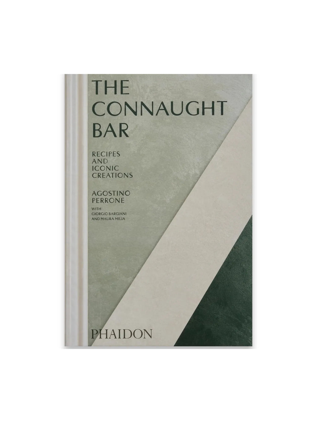 Book The Connaught Bar, a sleek cocktail recipe book with a textured cover featuring light sage green, cream, and deep forest green diagonal blocks. This premium cocktail recipe book is perfect for mixology enthusiasts and professional bartenders seeking iconic drink creations.