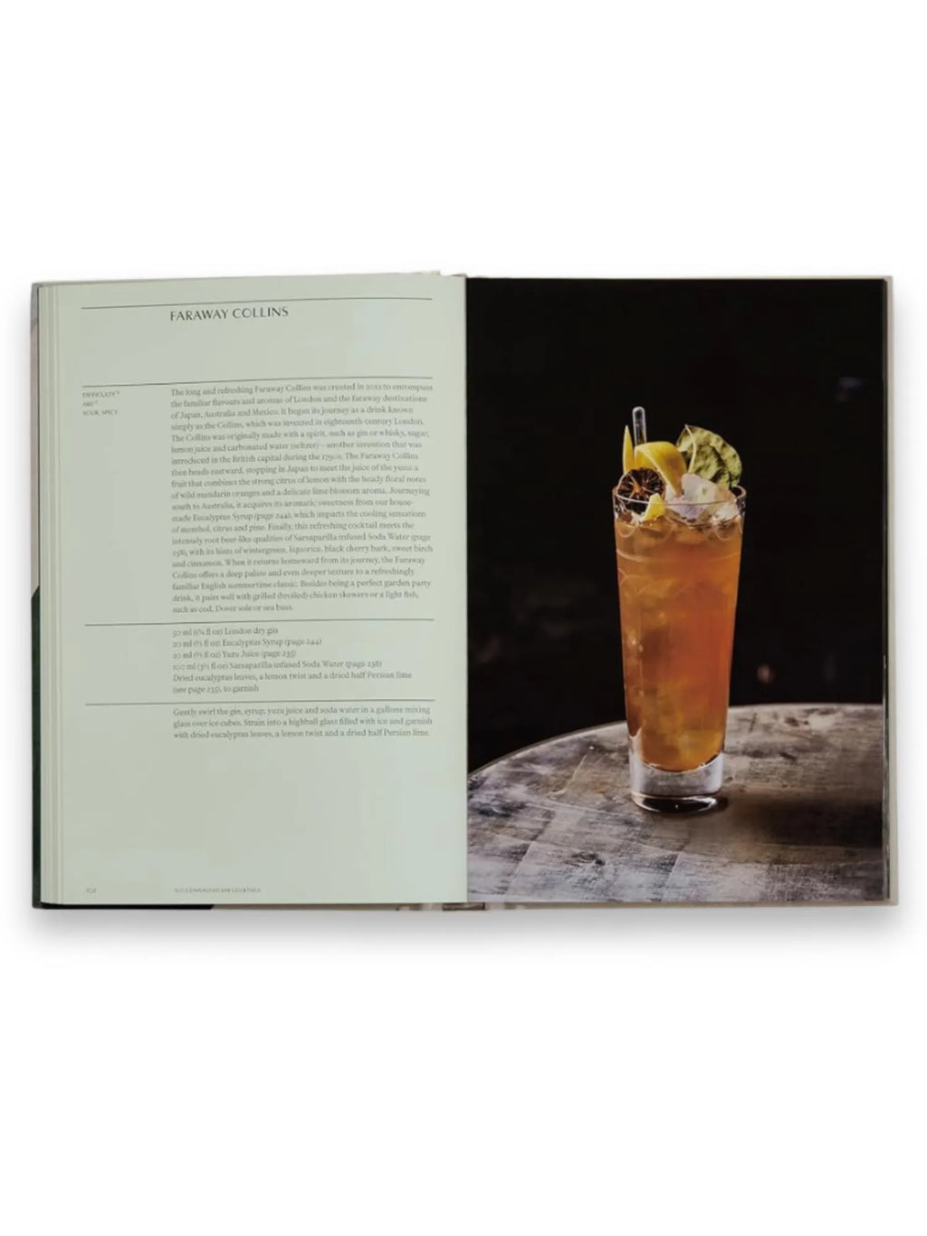 Book The Connaught Bar, an open photography-rich cocktail recipe book featuring the "Faraway Collins" recipe with a vibrant, garnished drink on the right page and detailed instructions on the left. This premium book is perfect for mixology enthusiasts and home bartenders looking for sophisticated drink recipes and stunning visual inspiration.