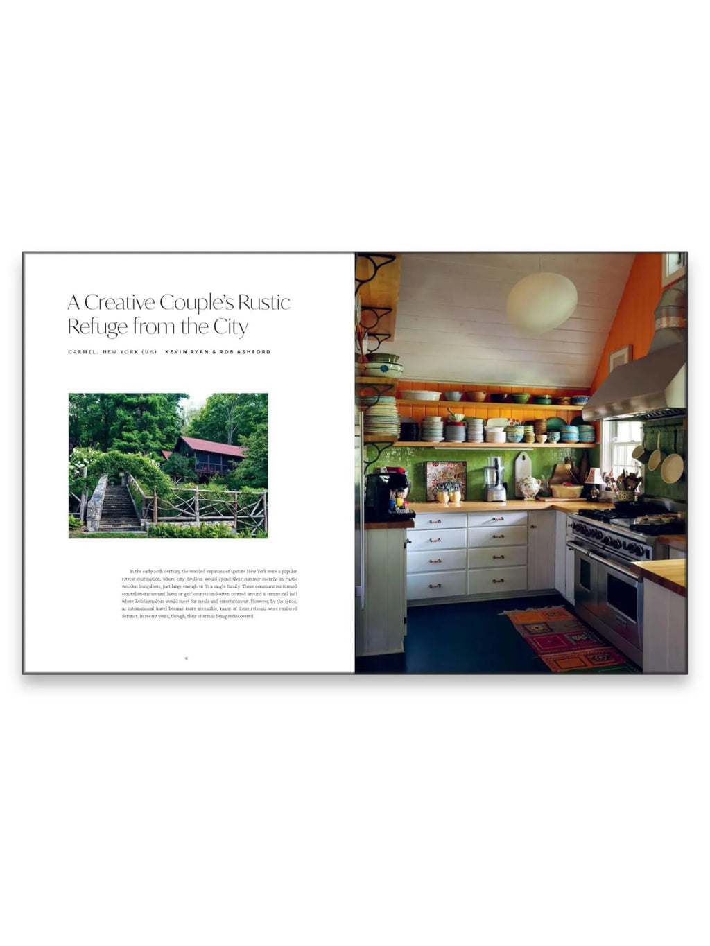 Book The Design Retreat, an open book displaying "A Creative Couple's Rustic Refuge from the City" with a vibrant, eclectic kitchen featuring white cabinetry, wood countertops, and a green tiled backsplash. This inspiring home design book is perfect for interior design enthusiasts seeking creative and colorful decor ideas.