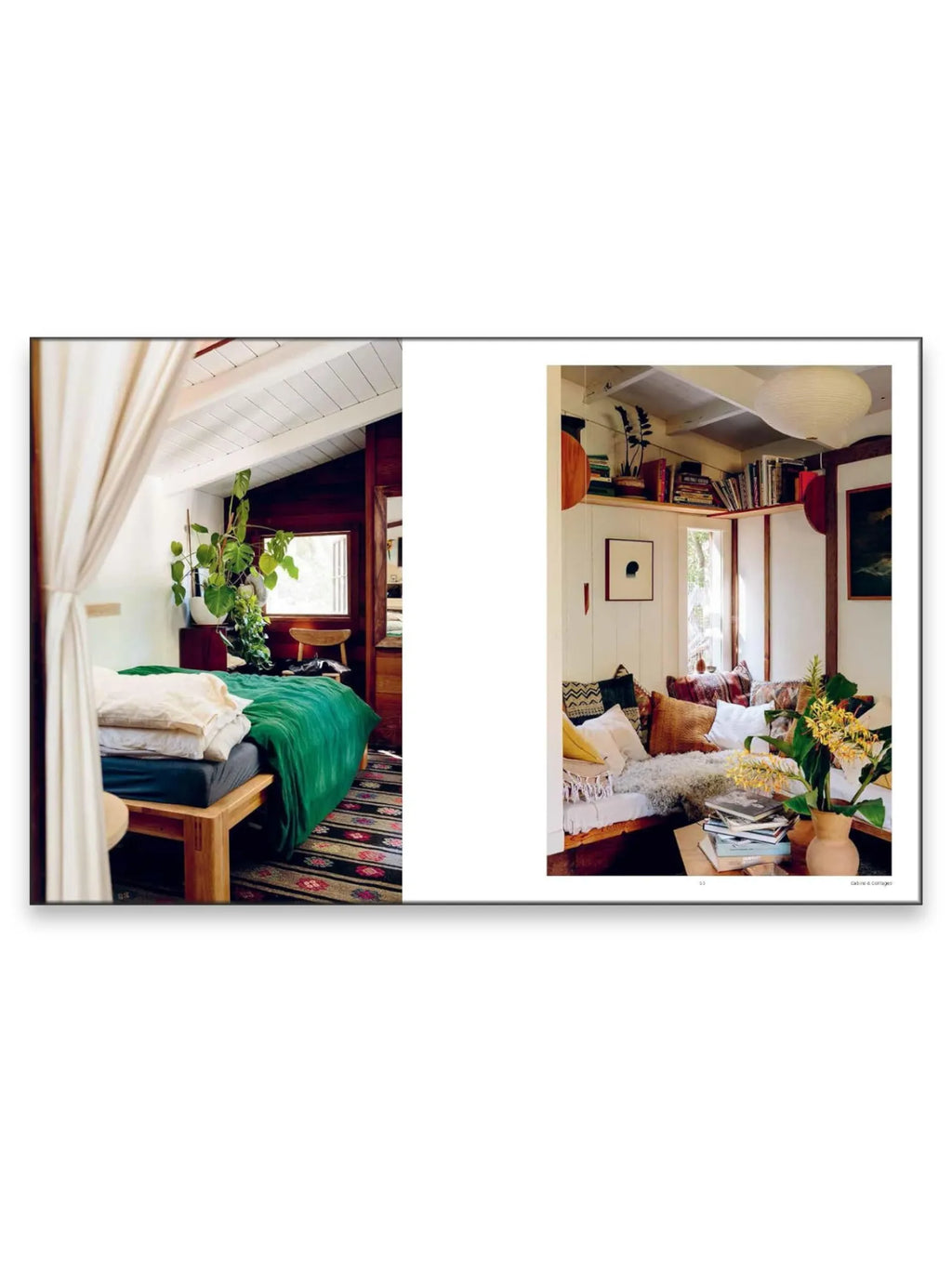 Book The Design Retreat, an open book spread showcasing two distinct, cozy interior design styles. The left page features a rustic bedroom with white wooden ceiling beams, a light wooden bed frame, a vibrant green duvet, and a lush green plant. The right page displays a warm living area with a built-in sofa adorned with various textured throw pillows, stacked books, and a vase of yellow flowers. This beautiful design book is perfect for interior design enthusiasts and home decor inspiration seekers.
