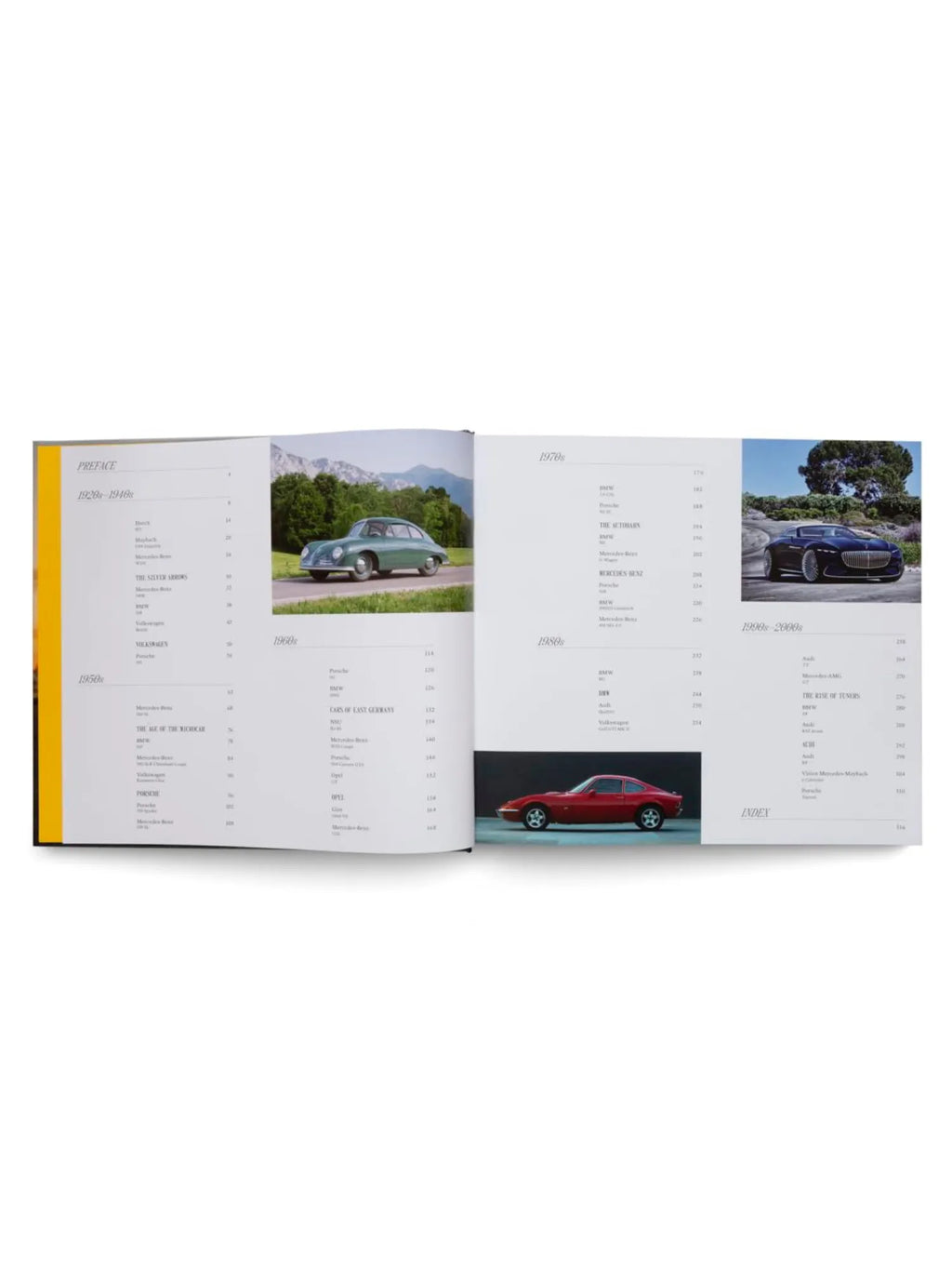 Book The Germans – Beautiful machines, open hardcover book featuring a vibrant yellow spine and white pages with contents and photographs of classic German cars. This premium automotive history book is perfect for car enthusiasts and collectors.