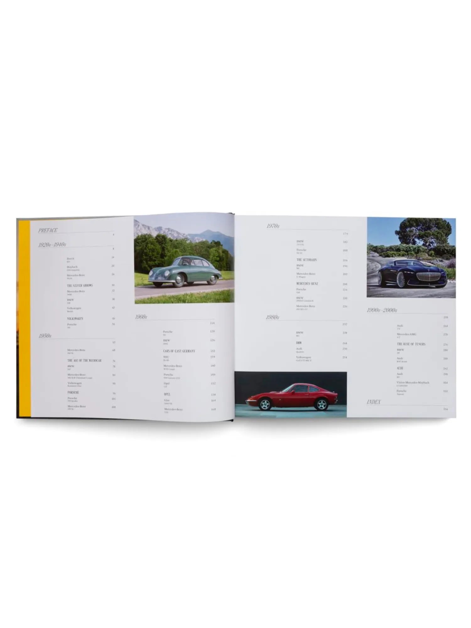 Book The Germans – Beautiful machines, open hardcover book featuring a vibrant yellow spine and white pages with contents and photographs of classic German cars. This premium automotive history book is perfect for car enthusiasts and collectors.
