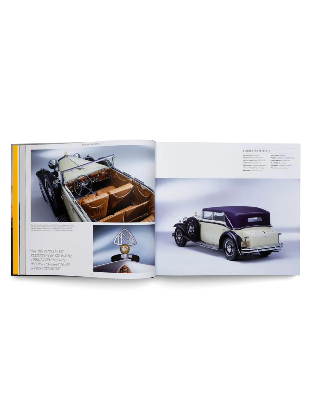 Book The Germans – Beautiful machines, an open premium hardcover book displaying glossy pages with detailed photographs of classic Maybach DS8 Zeppelin cars, featuring a beige body, black fenders, and a dark purple convertible top, along with interior shots showing luxurious tan leather upholstery and chrome details. This visually rich automotive book is perfect for classic car enthusiasts and collectors seeking historical insights and stunning imagery of iconic German engineering.