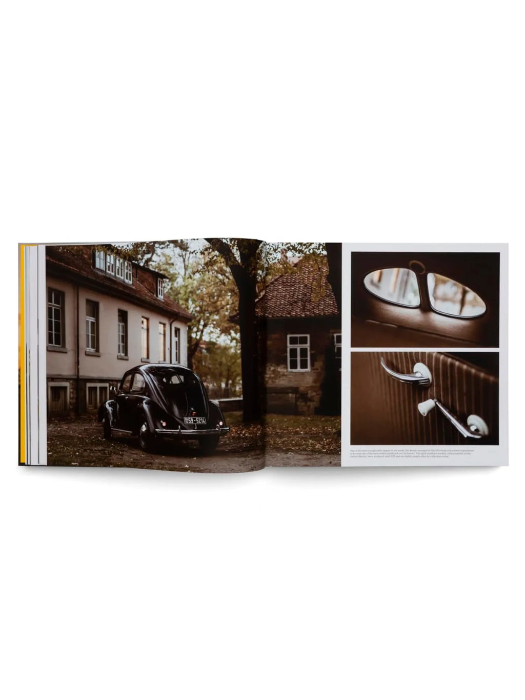 Book The Germans – Beautiful machines, an open hardcover book displaying a vintage black Volkswagen Beetle parked in front of an old European-style building on the left page. The right page features two close-up shots of the car's interior details: a dashboard with mirrors and a door panel with chrome handles, all in warm brown tones. This premium coffee table book is perfect for classic car enthusiasts and design aficionados exploring German automotive history.