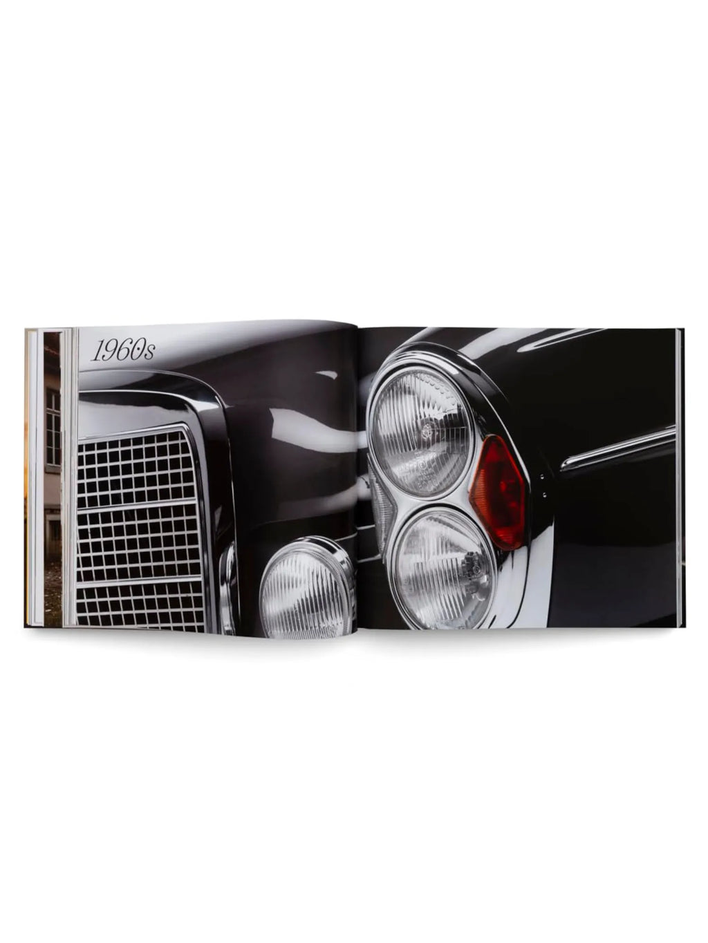 Book The Germans – Beautiful machines, an open hardcover book displaying a glossy spread featuring a vintage black car with prominent chrome grille, round headlights, and an orange turn signal, alongside the text "1960s" in elegant script. This premium automotive history book is perfect for classic car enthusiasts and collectors.