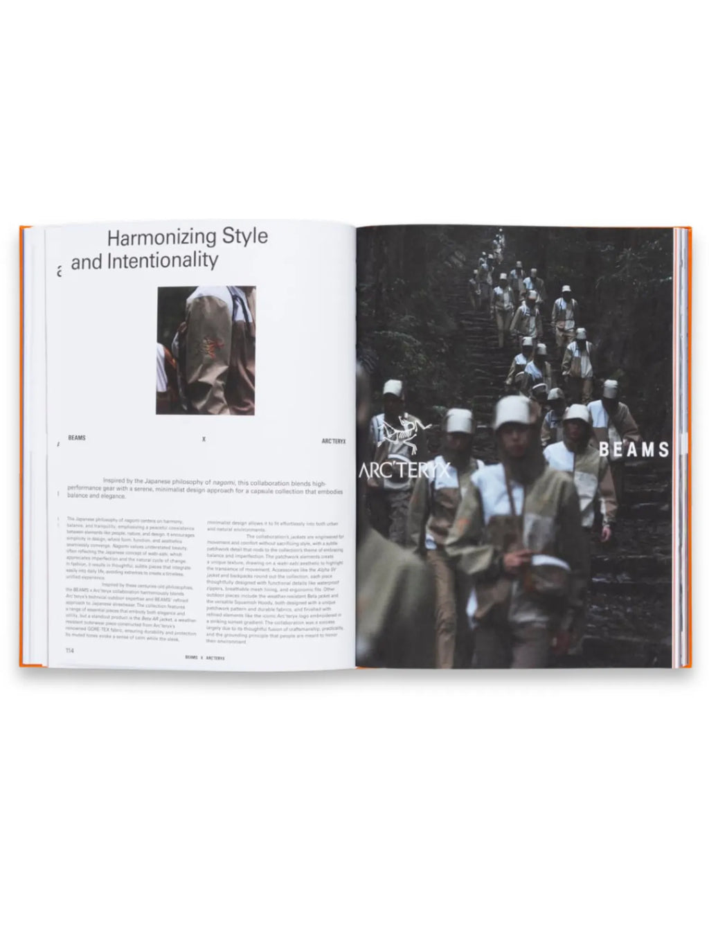 Book The Incomplete Vol. 2, an open book displaying a vibrant orange spine and pages featuring "Harmonizing Style and Intentionality" text. One page shows a group of people in coordinated outdoor wear walking up stairs, highlighting a collaboration between BEAMS and Arc'teryx, underscoring modern design and outdoor gear. This essential book is perfect for design enthusiasts, fashion historians, and academics interested in unique collaborations and conceptual design.