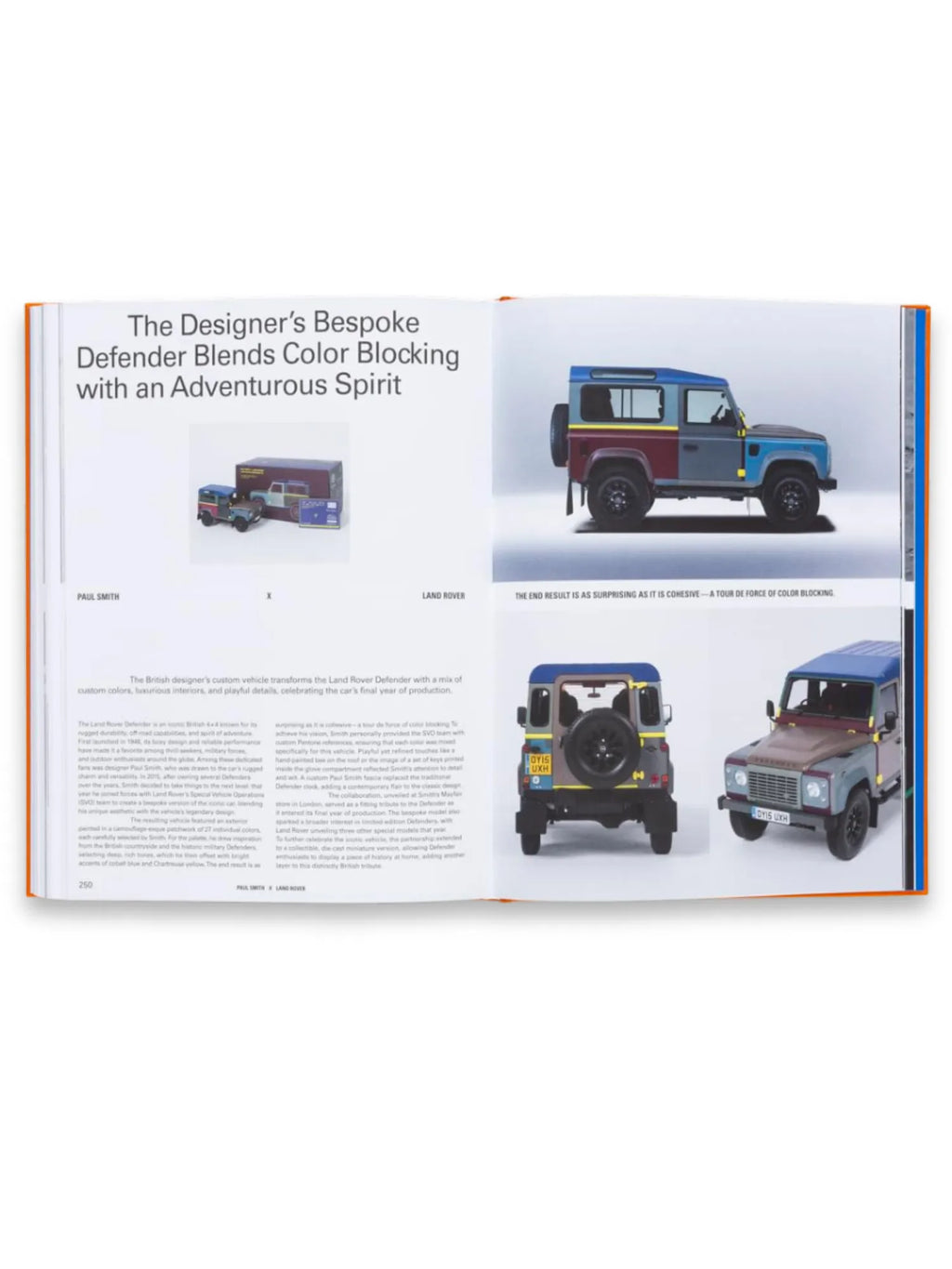 Book The Incomplete Vol. 2, an open hardcover book displaying a colorful spread about the "Designer's Bespoke Defender." The pages feature images of a color-blocked Land Rover Defender model and miniature versions, detailed with blue, grey, maroon, and yellow panels. This premium coffee table book is ideal for automotive enthusiasts and design aficionados interested in unique vehicle customization.