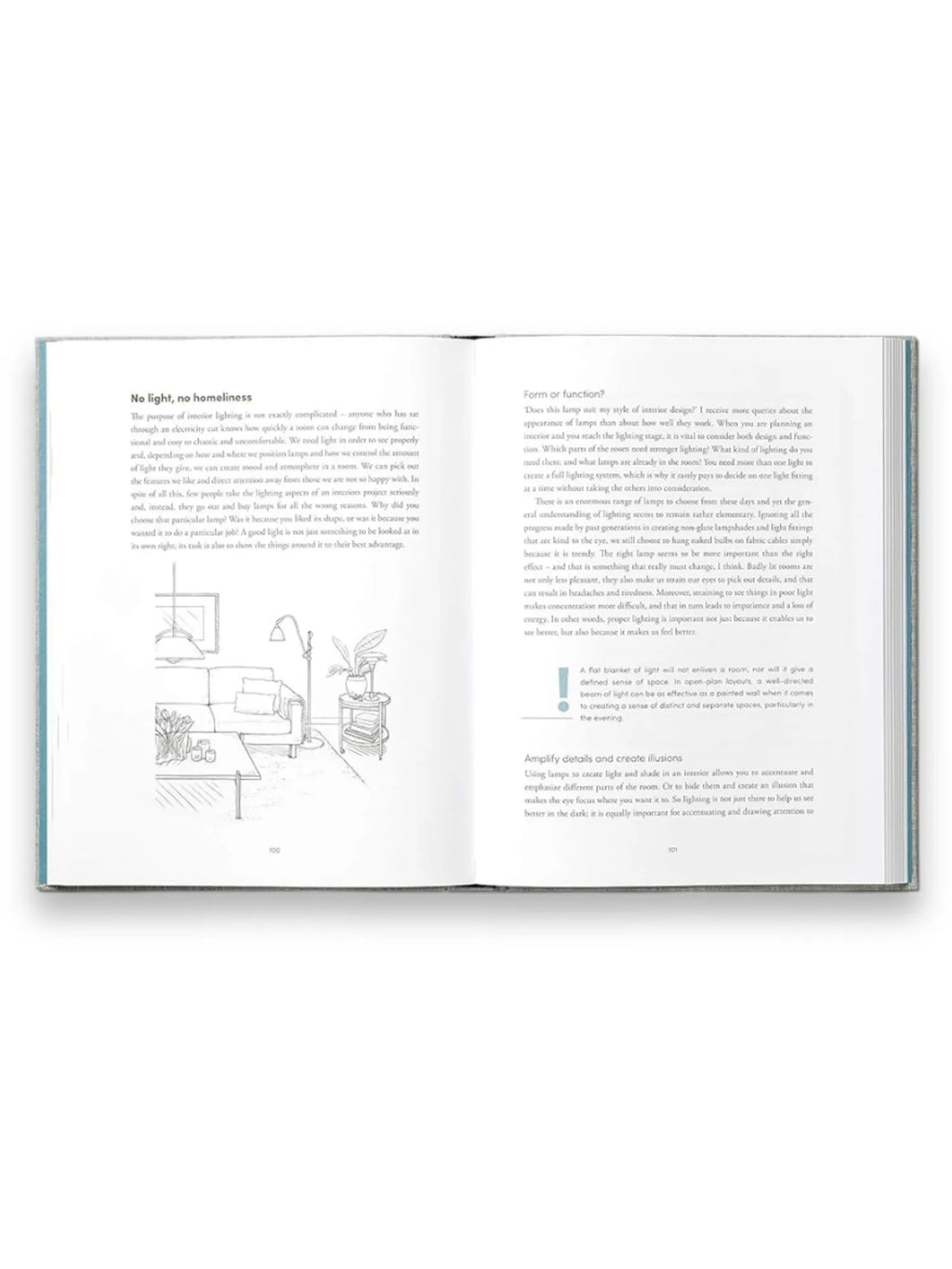 Book The Interior Design Handbook, open to pages 100 and 101, featuring text on interior lighting design and a line-art sketch of a living room. This essential interior design book is perfect for aspiring designers and home decor enthusiasts seeking expert guidance.