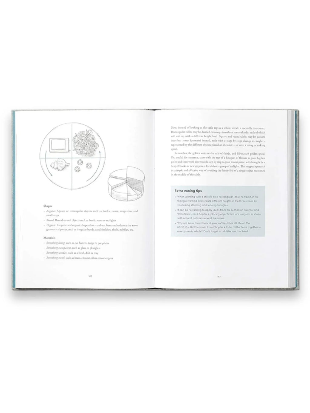 Book The Interior Design Handbook, showcasing an open page with detailed diagrams and text on "Extra zoning tips" and design principles like shapes and materials, featuring line drawings of a laptop, flowers, and shells. This comprehensive design book is an essential guide for aspiring interior designers and home decor enthusiasts seeking expert advice.