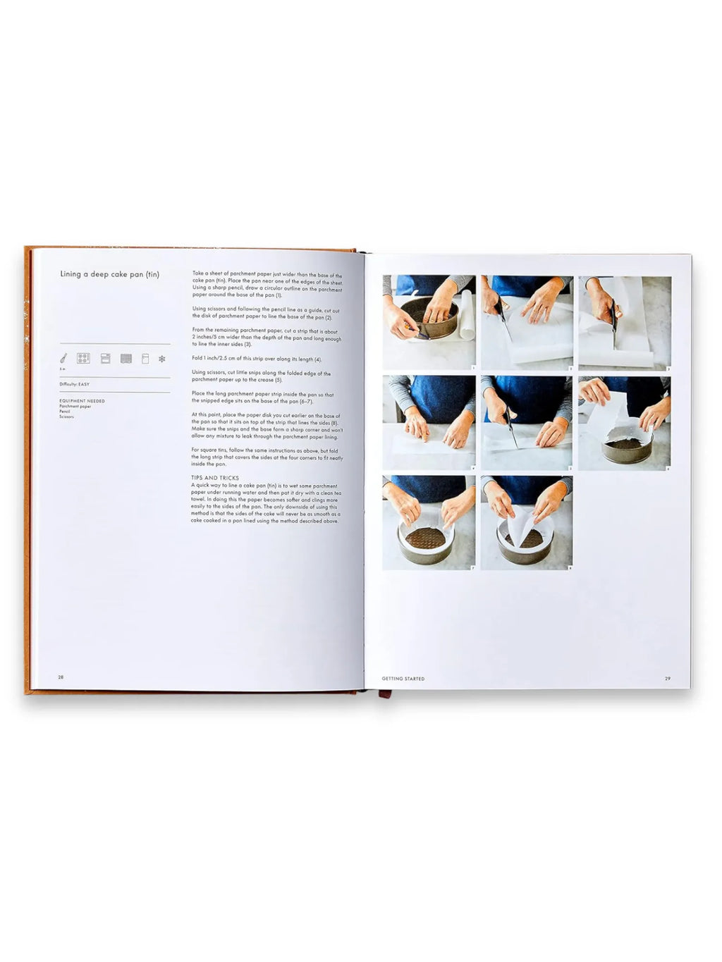 Book The Italian Bakery, an open cookbook displaying detailed, step-by-step instructions for "Lining a deep cake pan (tin)" with accompanying photo illustrations. This essential baking guide is perfect for aspiring bakers and home cooks seeking authentic Italian dessert recipes.