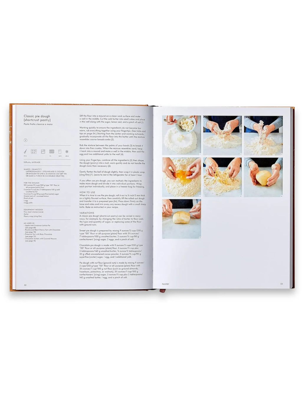 Book The Italian Bakery, an open cookbook displaying detailed instructions and step-by-step photos for making classic shortcrust pastry. This premium baking book is perfect for home bakers and culinary enthusiasts seeking authentic Italian dessert recipes.