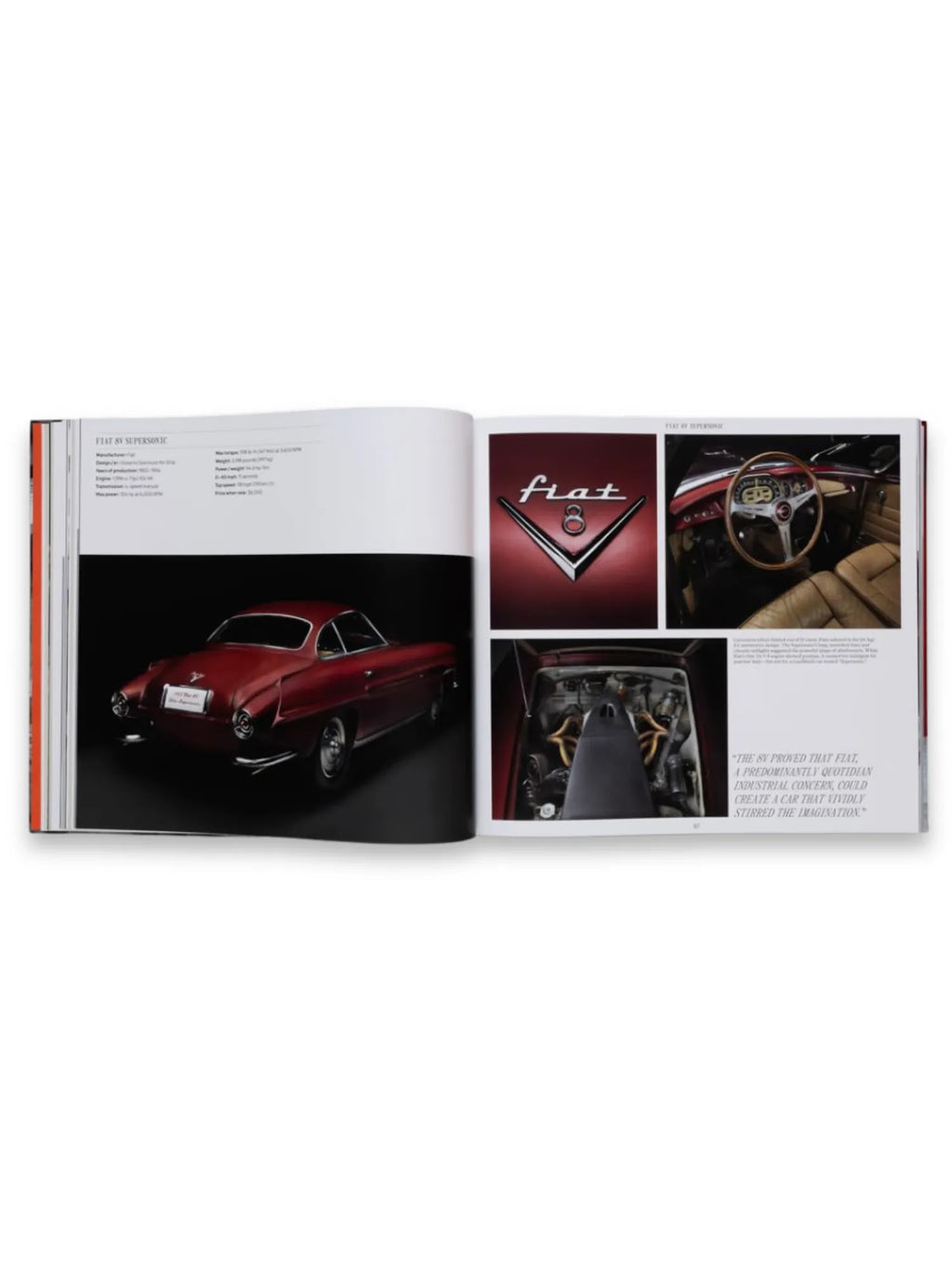Book The Italians - Beautiful Machines, open to a glossy spread featuring a vintage red Fiat 8V Supersonic car with detailed interior and engine shots. This premium automotive history book is perfect for classic car enthusiasts and design aficionados.