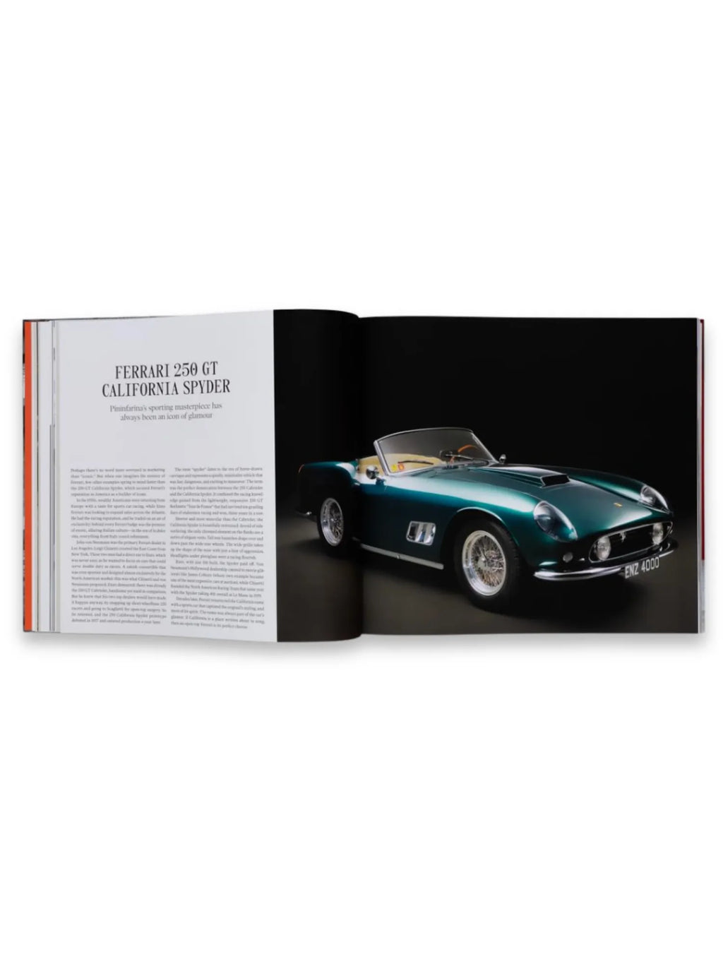 Book The Italians - Beautiful Machines, an open coffee table book displaying a glossy photo of a teal green Ferrari 250 GT California Spyder on a black background, with detailed text on the left page. This premium automotive history book is perfect for car enthusiasts and luxury collectors.
