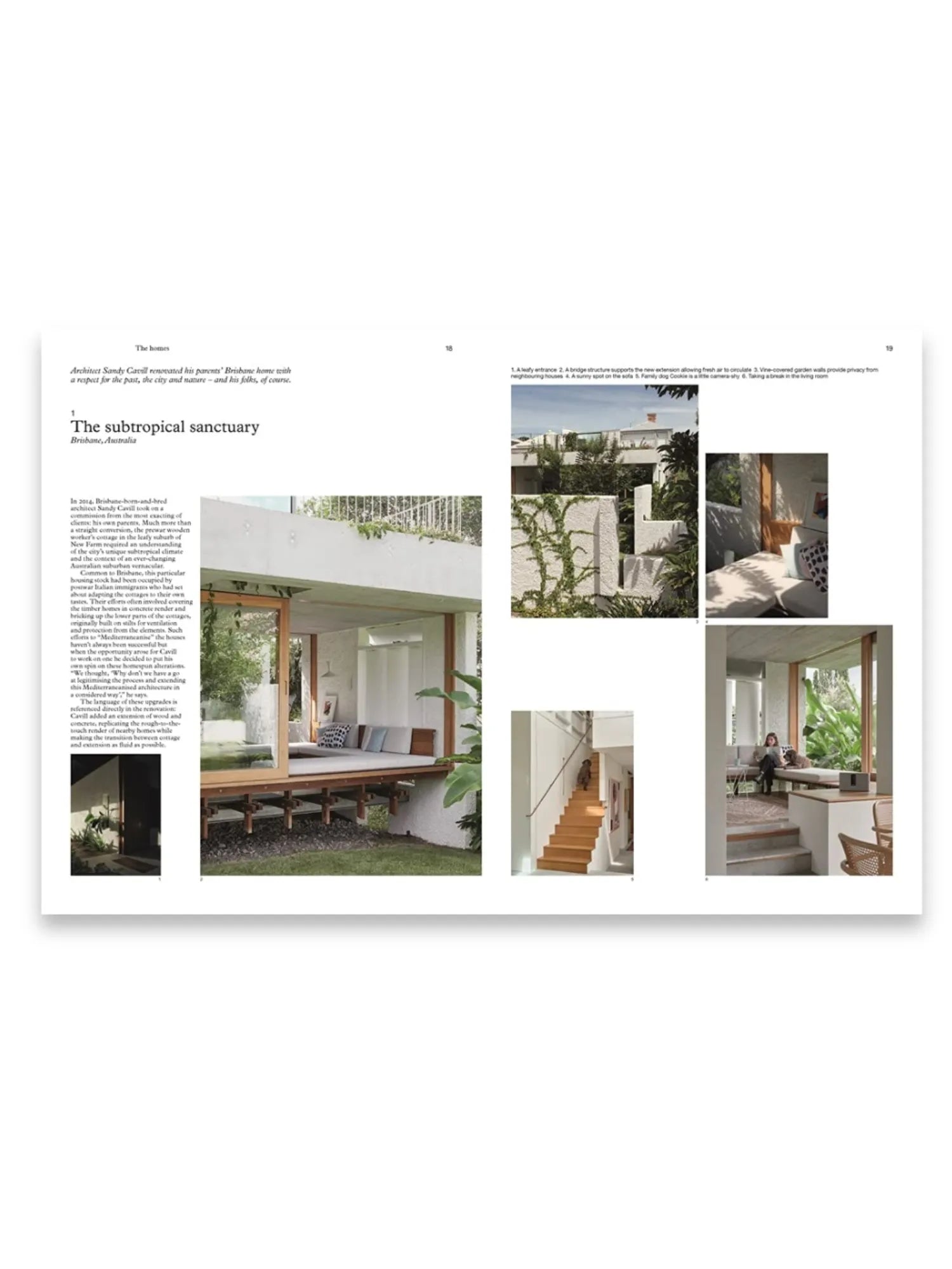 Book The Monocle Book of Homes, showcasing an open page spread featuring "The subtropical sanctuary" with multiple architectural photographs. The images display modern, minimalist homes with lush greenery, concrete, and warm wooden accents, including an open-plan living area, a wooden stairway, and a serene outdoor seating space. This premium design book is perfect for architecture enthusiasts, interior design lovers, and homeowners seeking stylish inspiration.