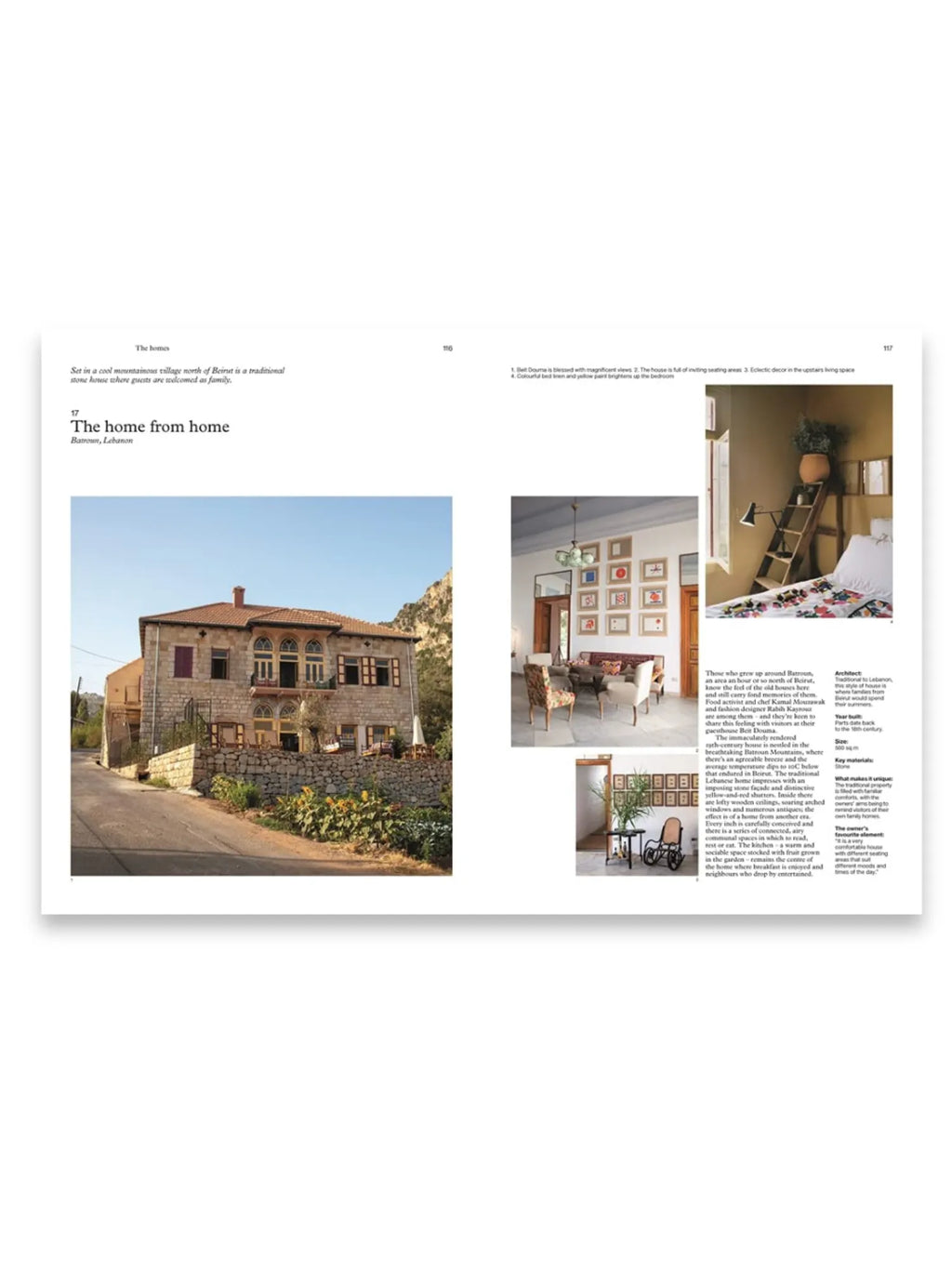 Book The Monocle Book of Homes, showcasing an open page spread featuring "The home from home" in Batroun, Lebanon, with a traditional stone house exterior and interior shots of an eclectic living space and modern bedroom. This architecture and interior design book offers inspiration for home decor enthusiasts and design professionals.
