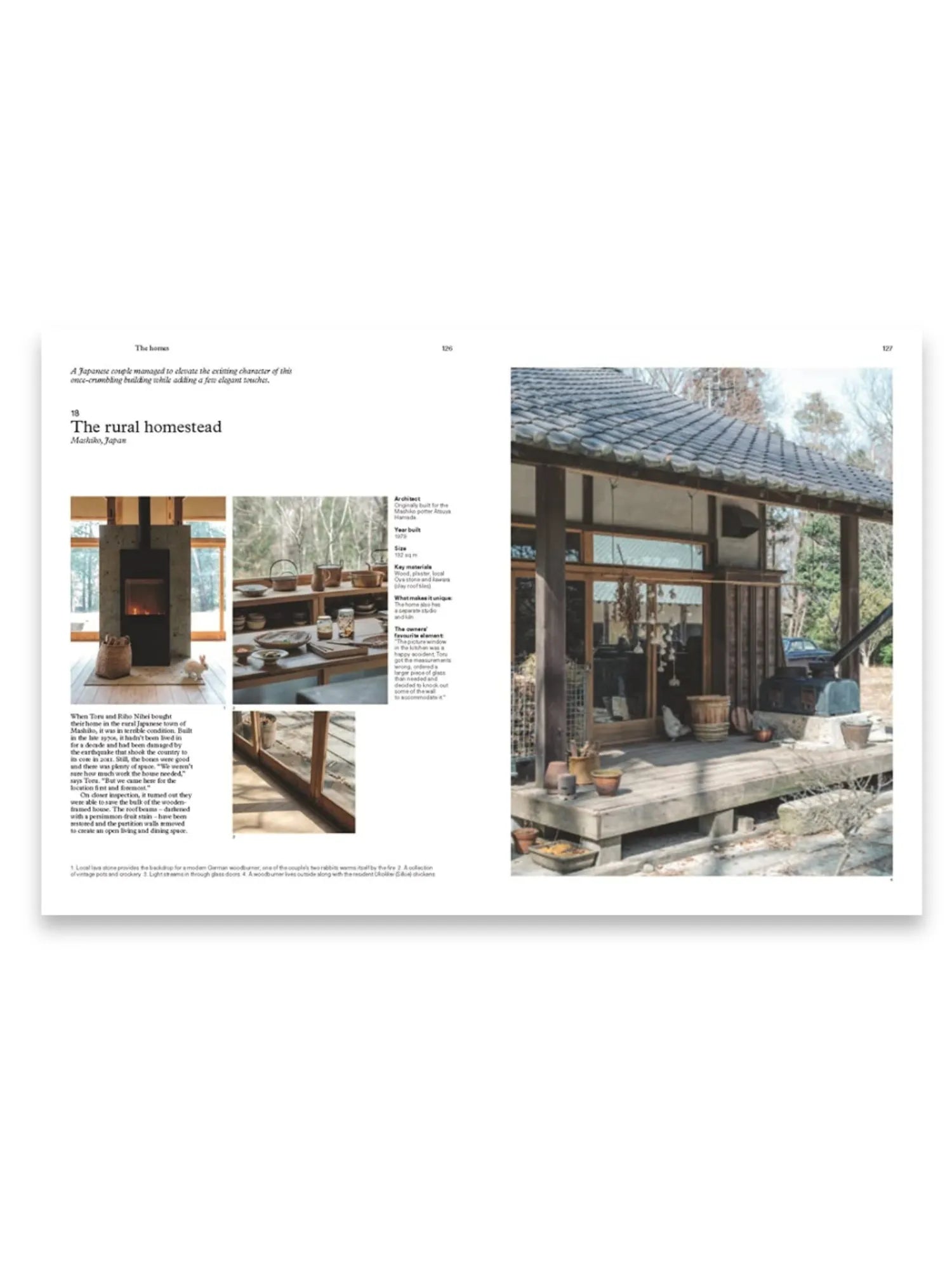 Book The Monocle Book of Homes, showcasing an open spread with an article titled "The rural homestead, Mashiko, Japan," featuring interior and exterior images of a Japanese home with a tiled roof, wooden porch, and modern fireplace. This premium architecture and design book is perfect for interior design enthusiasts, homeowners, and those seeking home decor inspiration.