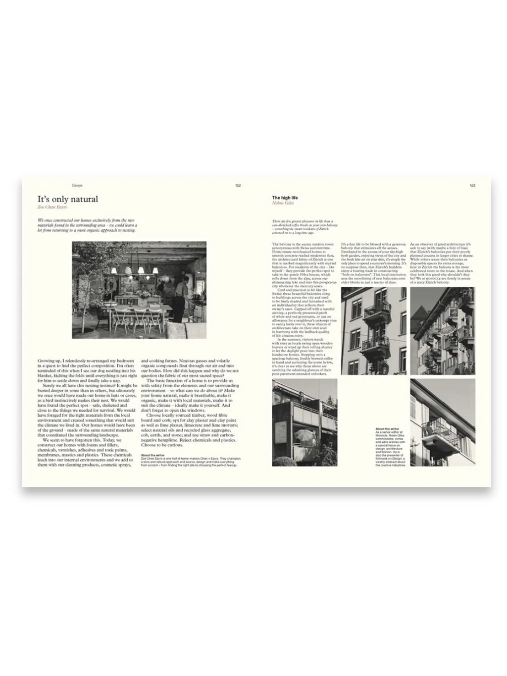 Book The Monocle Book of Homes, showcasing an open page spread with black and white photography and text. This premium interior design book features elegant home aesthetics and architectural insights. Perfect for design enthusiasts and those seeking stylish home inspiration.