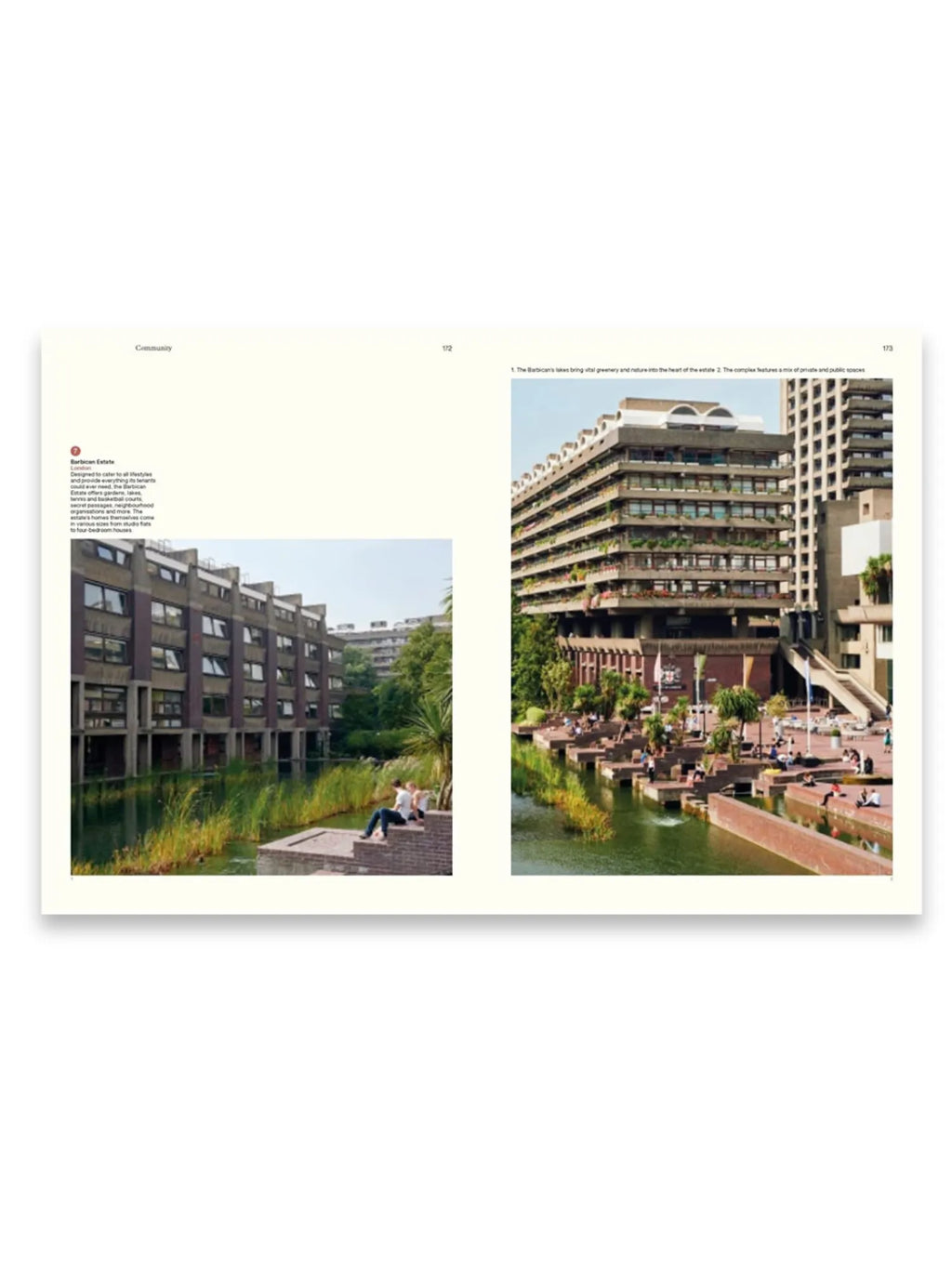 Book The Monocle Book of Homes, showcasing an open spread with two detailed photographs of the Barbican Estate in London, featuring brutalist architecture, lush greenery, and tranquil water features. This premium architecture book is perfect for design enthusiasts and urban planning students.