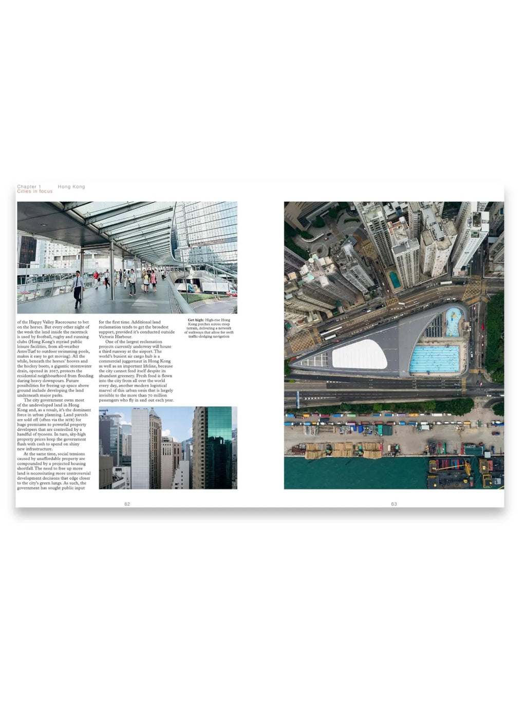 Book The Monocle Guide to Building Better Cities, featuring a vibrant spread with an aerial view of Hong Kong's dense urban landscape and a modern swimming pool complex, alongside an elevated pedestrian walkway with people and text detailing urban planning insights. This premium hardcover book is an excellent resource for urban planners, architects, and city enthusiasts seeking innovative design and development strategies.