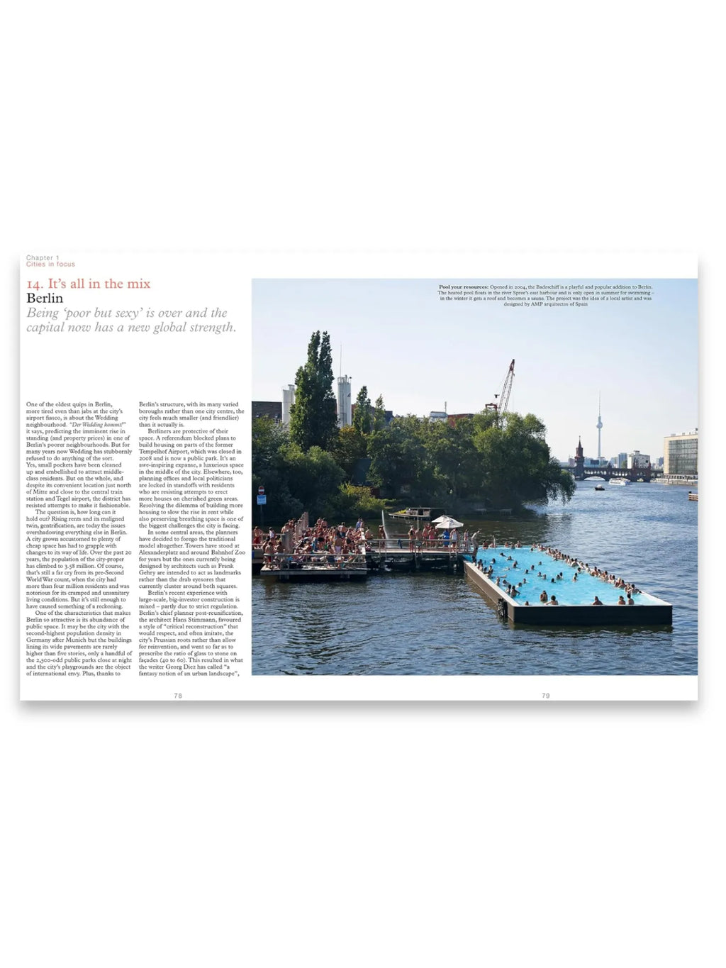 Book The Monocle Guide to Building Better Cities, featuring an open page spread with a captivating image of Berlin's Badeschiff, a floating public swimming pool in the River Spree, surrounded by people and city skyline. This premium urban planning and architecture book offers insightful content for city planners, architects, and urban studies enthusiasts interested in sustainable city development and modern urban design.
