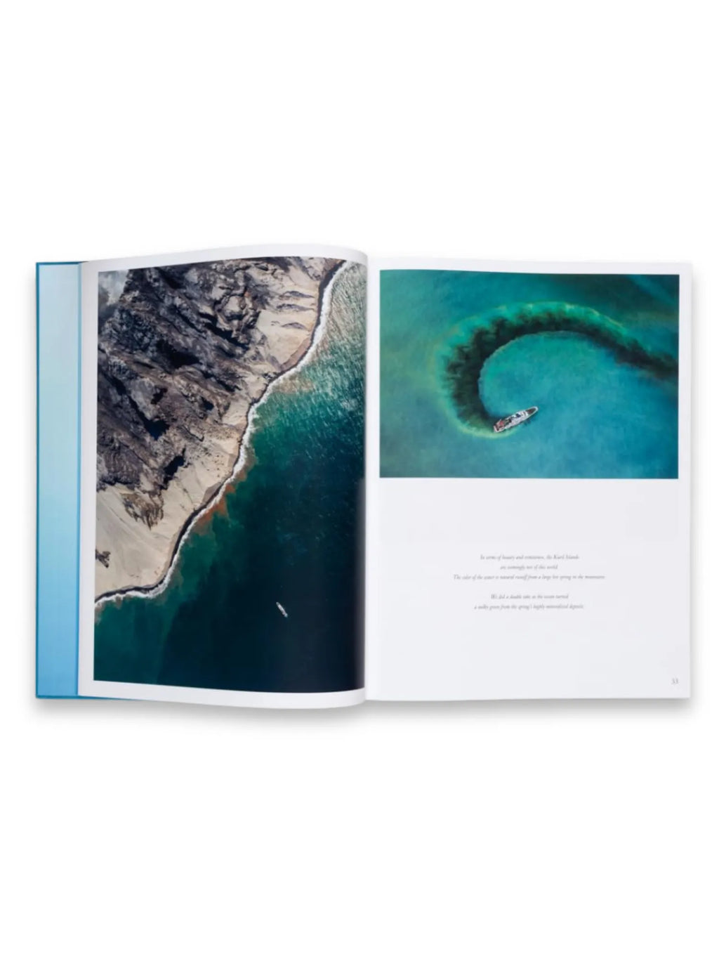 Book The Oceans, an open hardcover book displaying vibrant aerial photography of coastal landscapes and deep blue waters. This stunning coffee table book is perfect for marine enthusiasts and nature lovers.