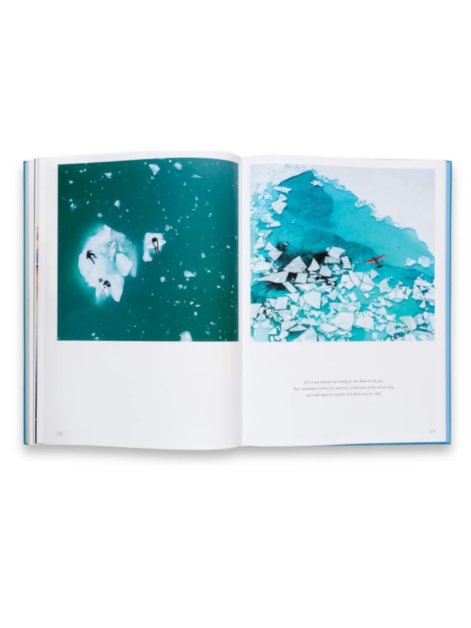 Book The Oceans, an open hardcover book displaying vibrant, high-quality photographic prints of icy turquoise waters and icebergs. This premium photography book is ideal for nature enthusiasts and those interested in marine life and polar landscapes.