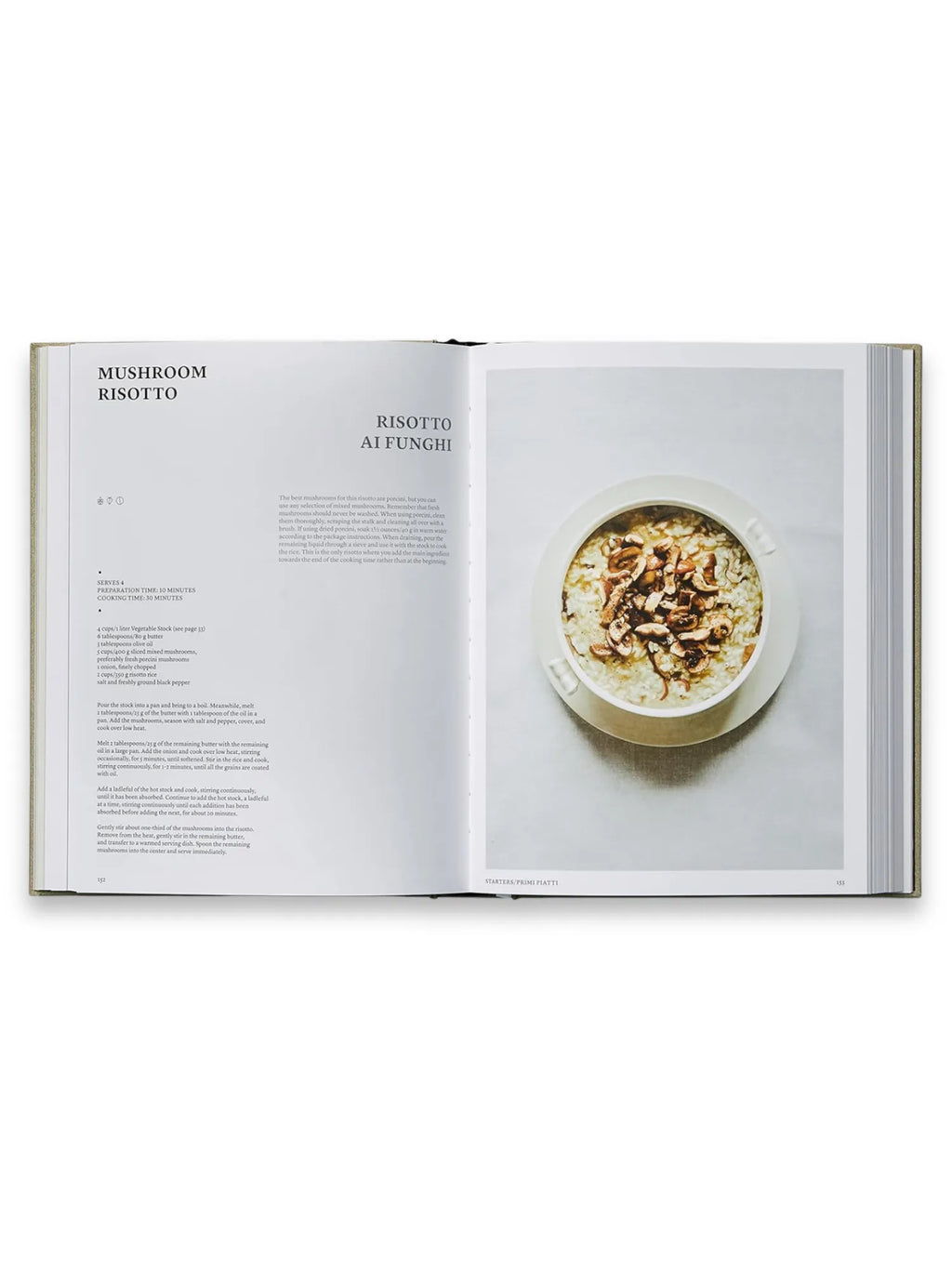 Book The Silver Spoon, an open cookbook displaying a "Mushroom Risotto" recipe with a vibrant photo of the finished dish in a white bowl, showcasing an elegant and authentic Italian culinary experience. This premium cookbook is perfect for home chefs and cooking enthusiasts seeking traditional Italian recipes and culinary inspiration.