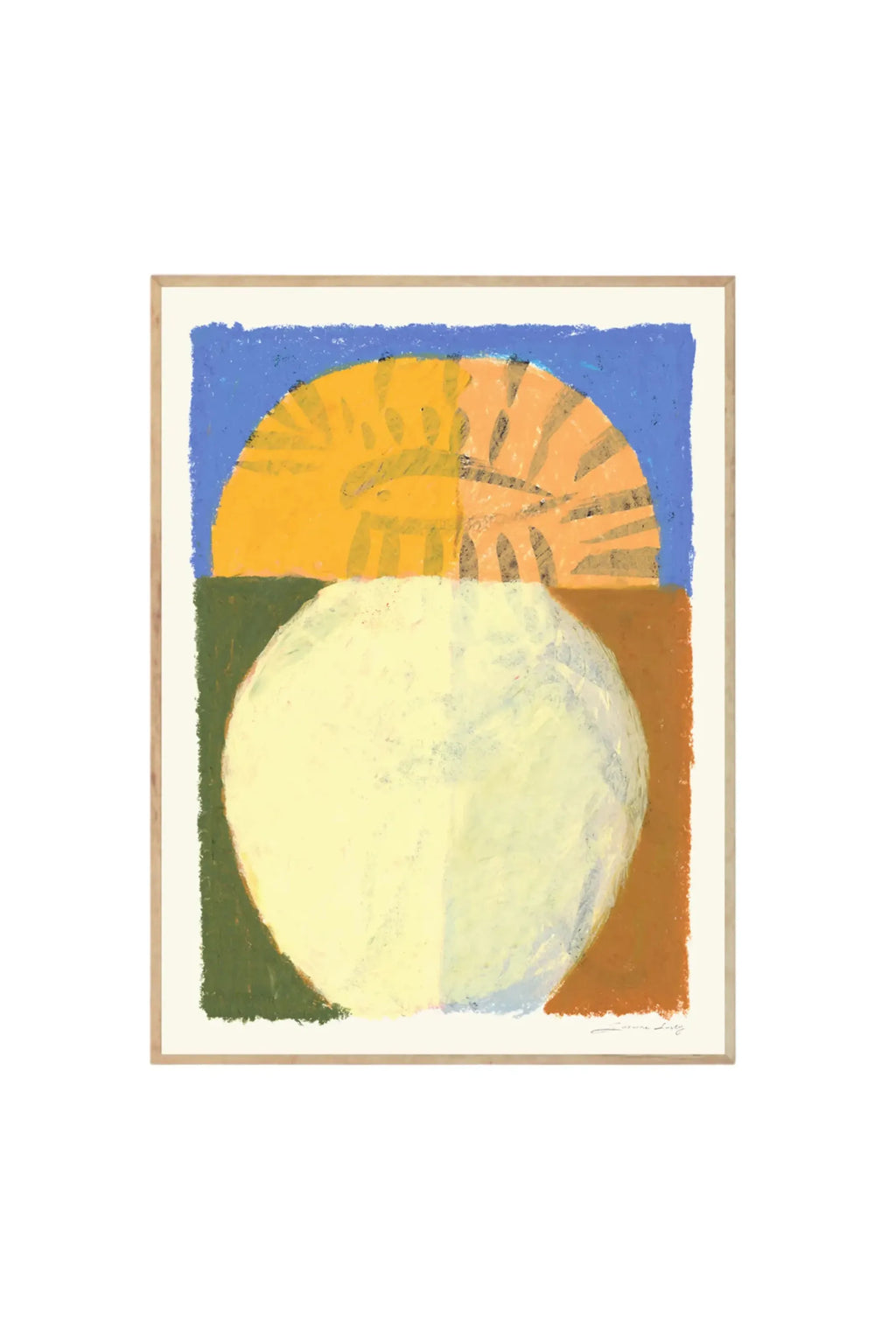 The Poster Club The Eye - Art Print, a modern abstract poster featuring a vibrant yellow-orange semicircle with striped details over a deep blue sky, and a large light yellow orb with subtle blue and grey strokes, all set on a split background of dark olive green and earthy brown, framed in natural wood. This premium wall art is perfect for contemporary home decor enthusiasts seeking unique and stylish gallery prints to enhance their living spaces.