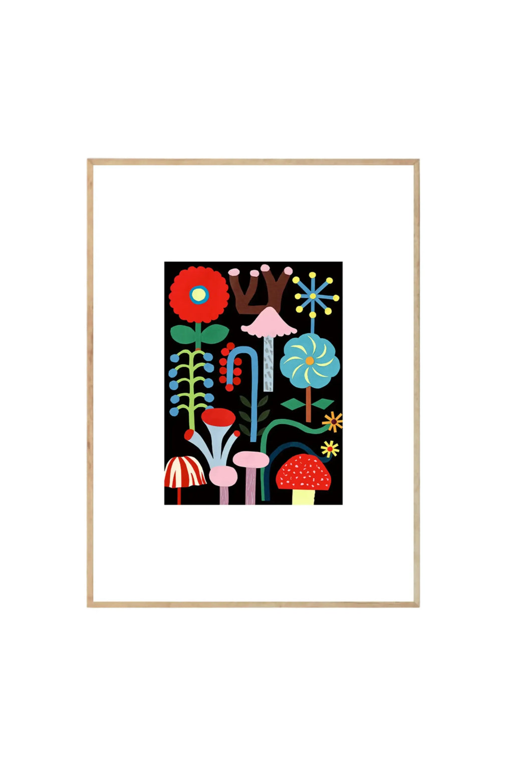 The Poster Club The Garden of the Night - Art Print, a colorful abstract botanical poster with red, blue, green, and pink floral shapes, mushrooms, and stars on a black background, framed in light natural wood. This vibrant wall art is perfect for adding modern, playful decor to a contemporary home or child's room.