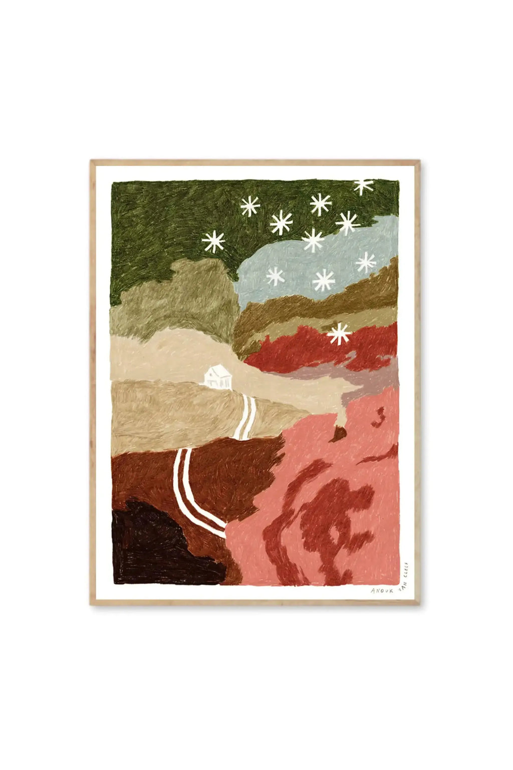 The Poster Club The House and the Hills - Art Print, a framed contemporary landscape poster featuring a minimalist white house on a hill, surrounded by abstract, textured fields in earthy tones of green, beige, brown, and coral, with white starbursts in the sky. This stylish art print is perfect for adding modern, serene wall decor to homes or offices, appealing to art and interior design enthusiasts.