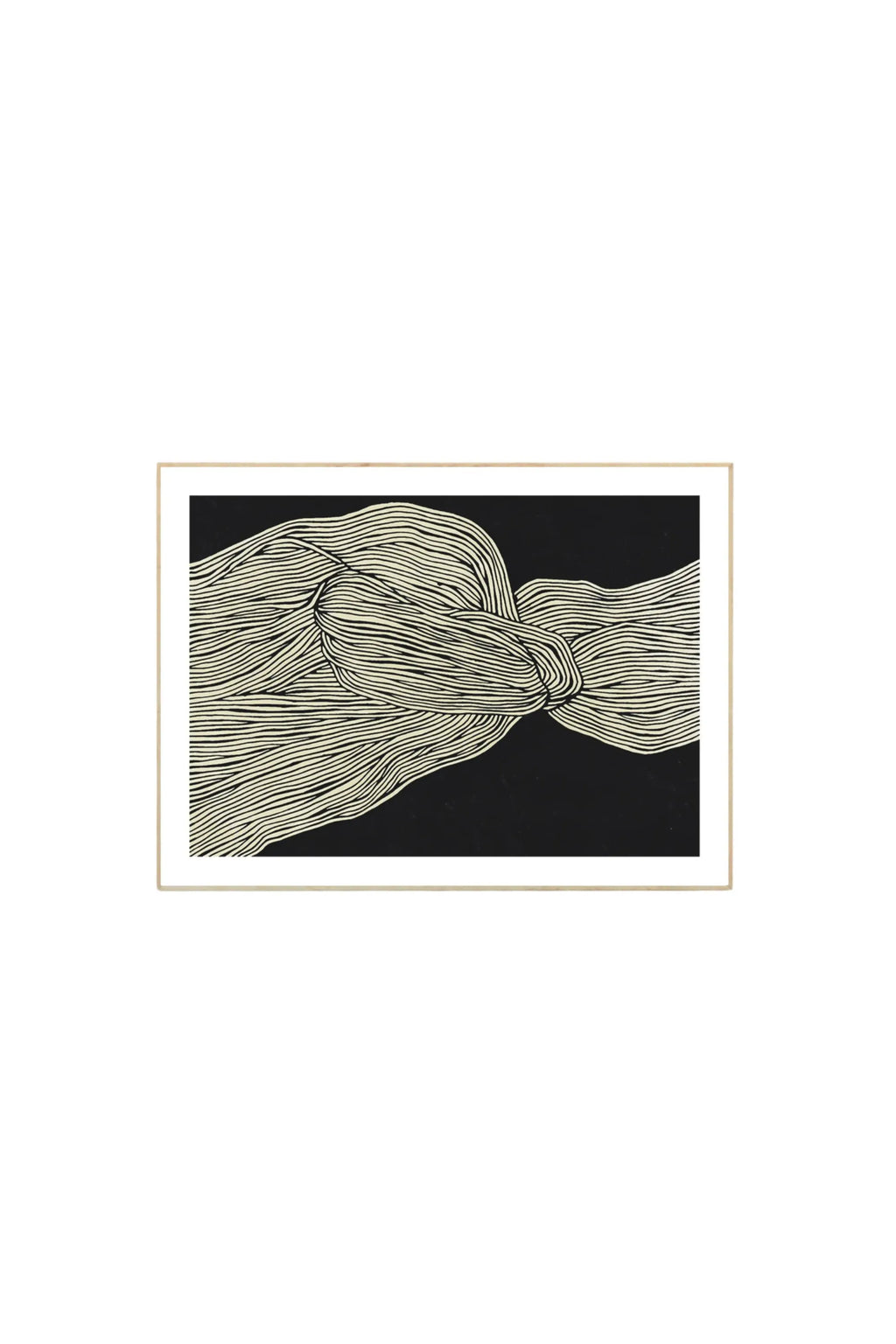 The Poster Club The Line No 12 - Art Print, featuring an abstract graphic design with flowing, organic off-white lines against a textured black background, framed in a thin, natural wood frame. This modern poster is perfect for contemporary art lovers seeking unique wall decor to enhance their living spaces.
