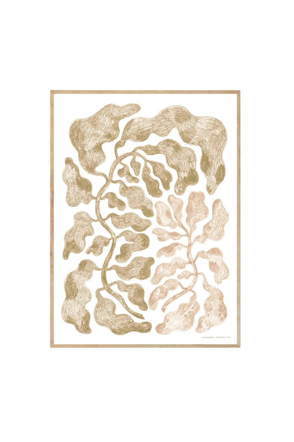 The Poster Club The Two - Art Print, a contemporary botanical illustration featuring two intertwined leafy branches in textured beige and light peach hues on a crisp white background, framed in natural light wood. This elegant art print is perfect for adding a touch of modern nature-inspired decor to any home or office space.
