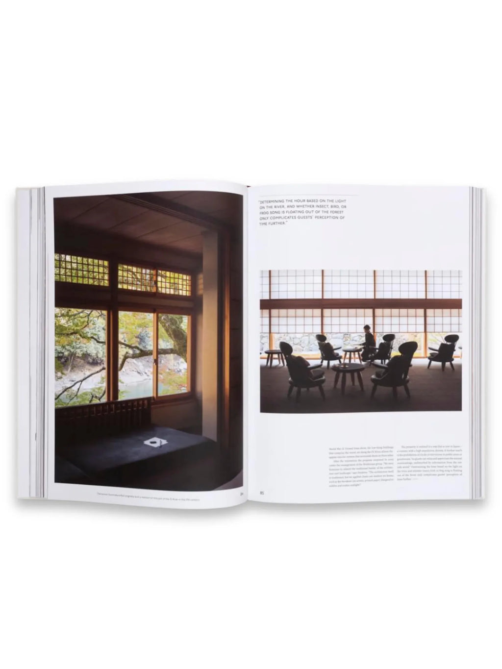Book The Touch, an open art book displaying two distinct, high-quality photographic spreads of Japanese interior design and natural landscapes. This premium coffee table book is perfect for interior design enthusiasts, architecture students, and those seeking inspiration for tranquil, minimalist living spaces.