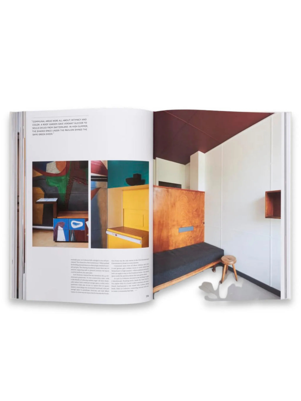 Book The Touch, an open hardcover book displaying vibrant mid-century modern interior design pages with detailed text. This premium architecture and design book is perfect for decor enthusiasts and historical design researchers.