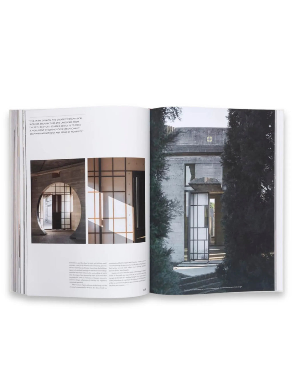 Book The Touch, an open architectural design book displaying a concrete building with a circular entry, grid windows, and lush dark green cypress trees. This premium architecture book is perfect for design enthusiasts, students, and professionals interested in modern and minimalist architectural styles.