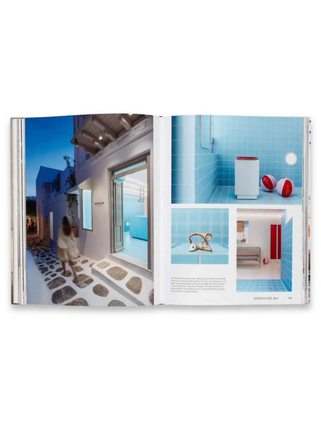 Book Think Big Shop Small, an open coffee table book displaying vibrant pages. The left page shows a whitewashed building with a stone path at dusk, while the right page features three images of an interior with bright blue tiled walls and red accents. This inspiring book is ideal for interior design enthusiasts, small business owners, and those seeking creative inspiration.